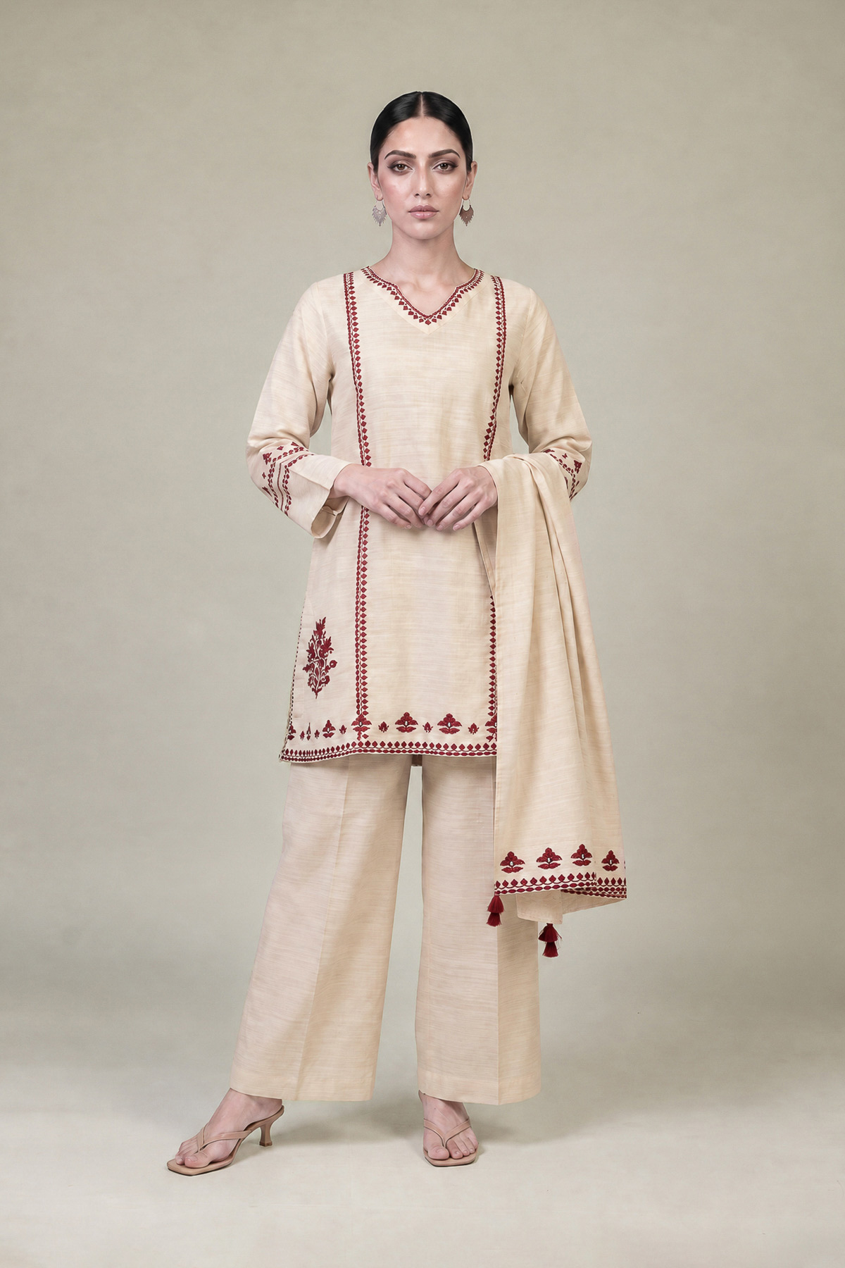 Embroidered Light Khaddar Floral Beige Dupatta - 1-26-457-A-C1-VG