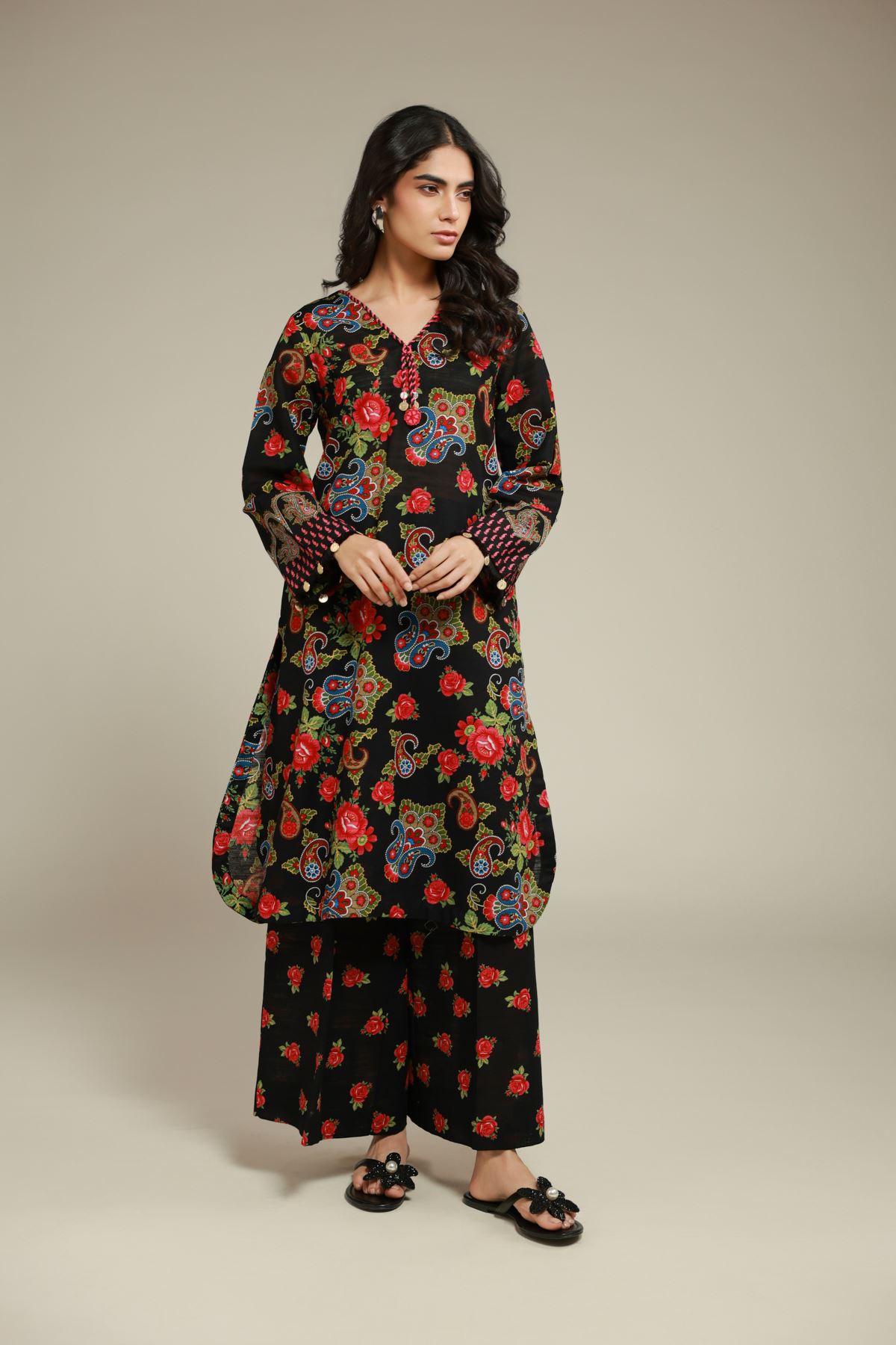 Printed Textured Cotton Floral Pants - 1-26-102-B-B-VG