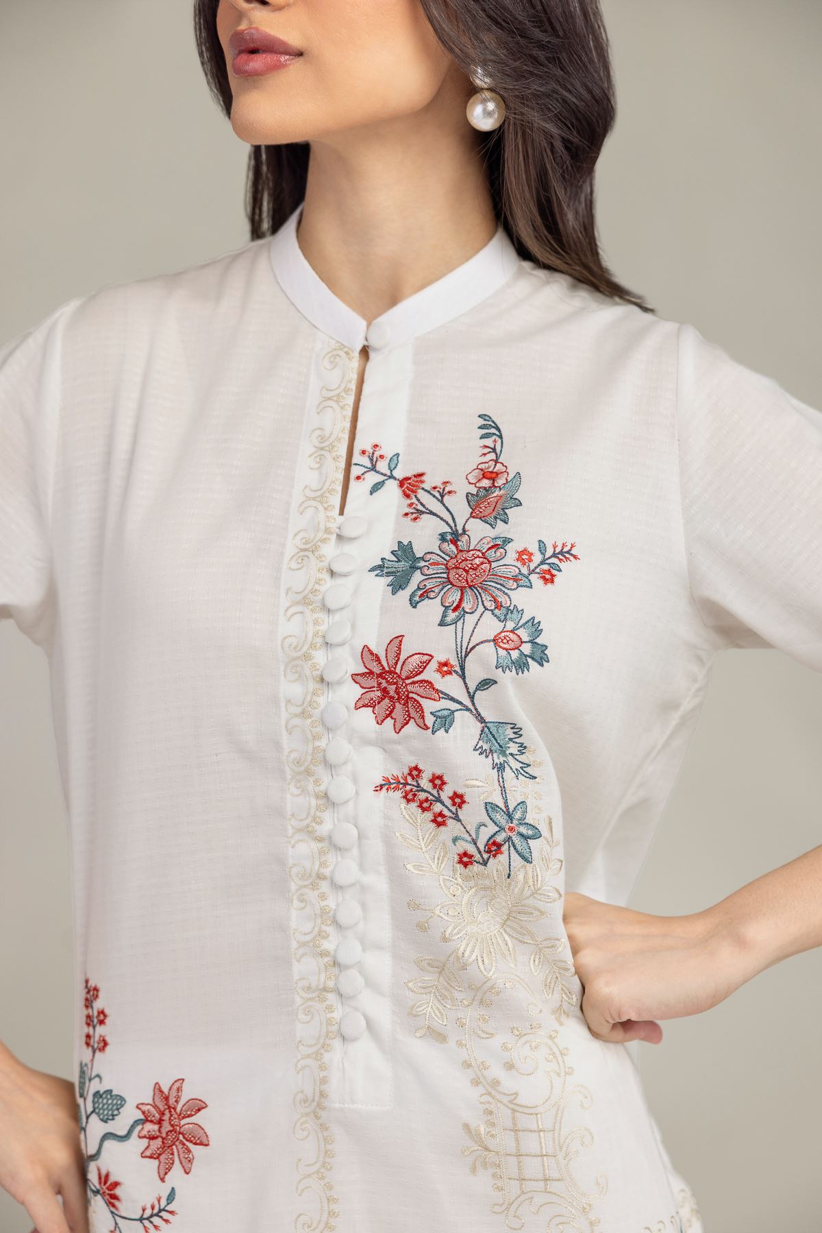 Embroidered Cotton Dobby Short Floral Kurta - T-A11-26-104FB2-VG