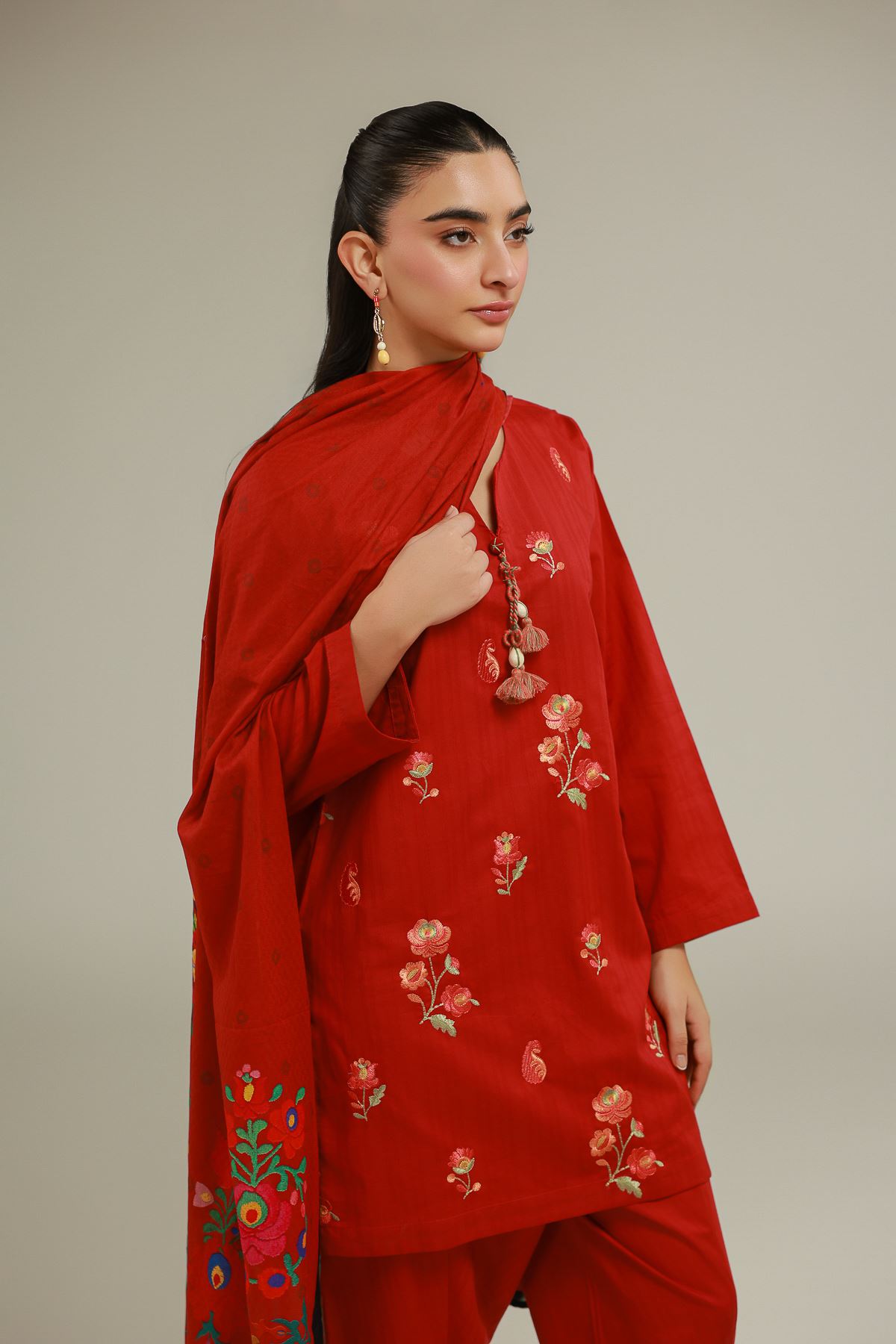 Embroidered Cotton Net Red Floral Dupatta - 1-26-145-C-H-VG