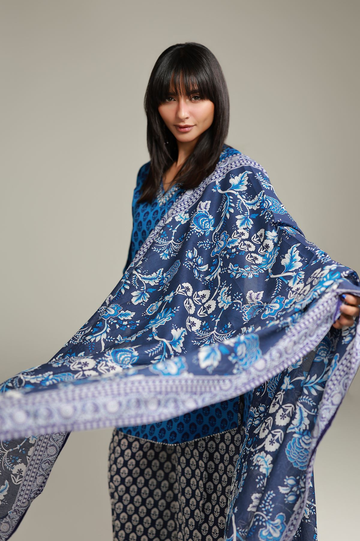 Embroidered Lawn Navy Lawn Dupatta - 1-26-138-A-A-VG
