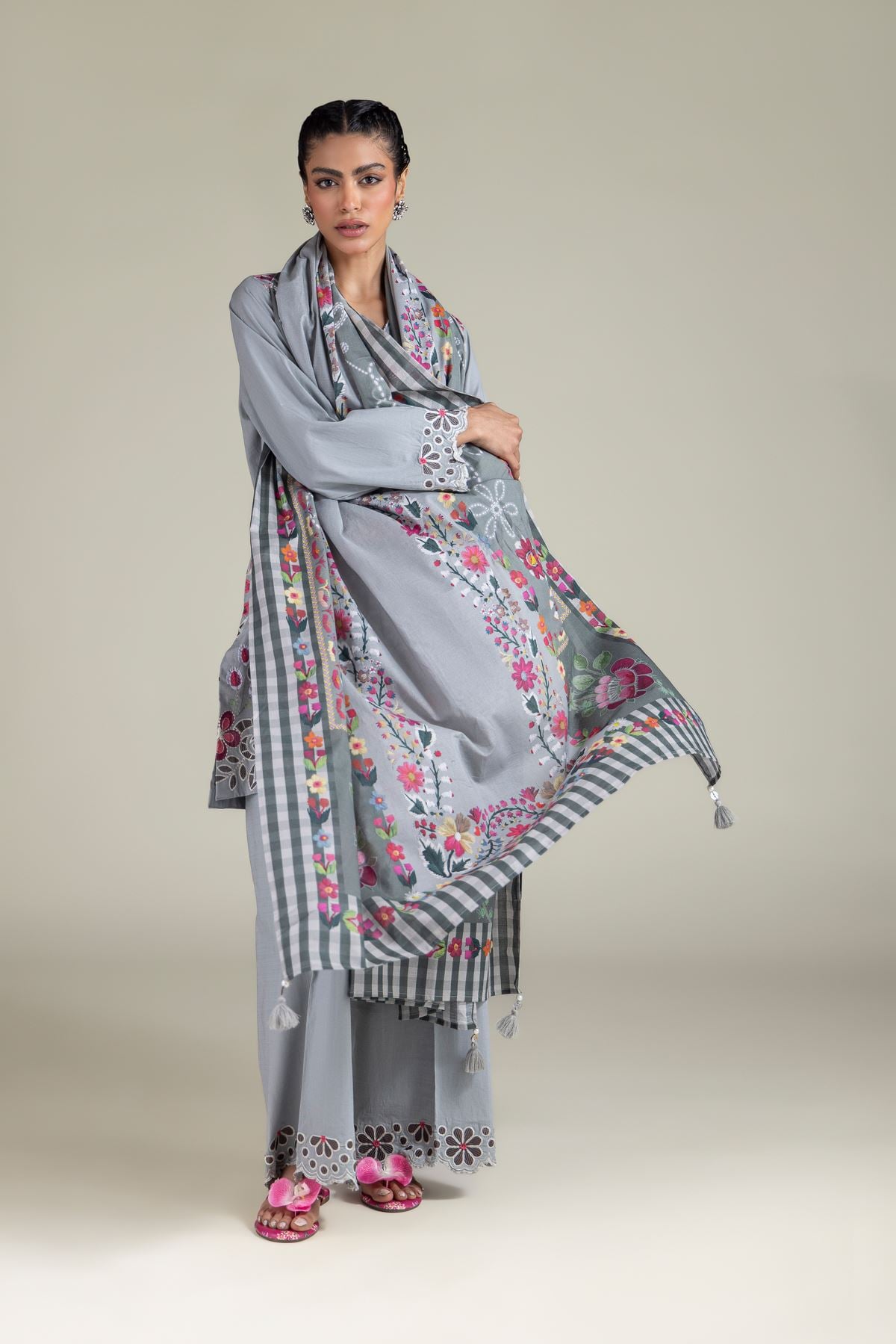 Embroidered Textured Cotton Floral Dupatta - 1-26-115-C-E-VG