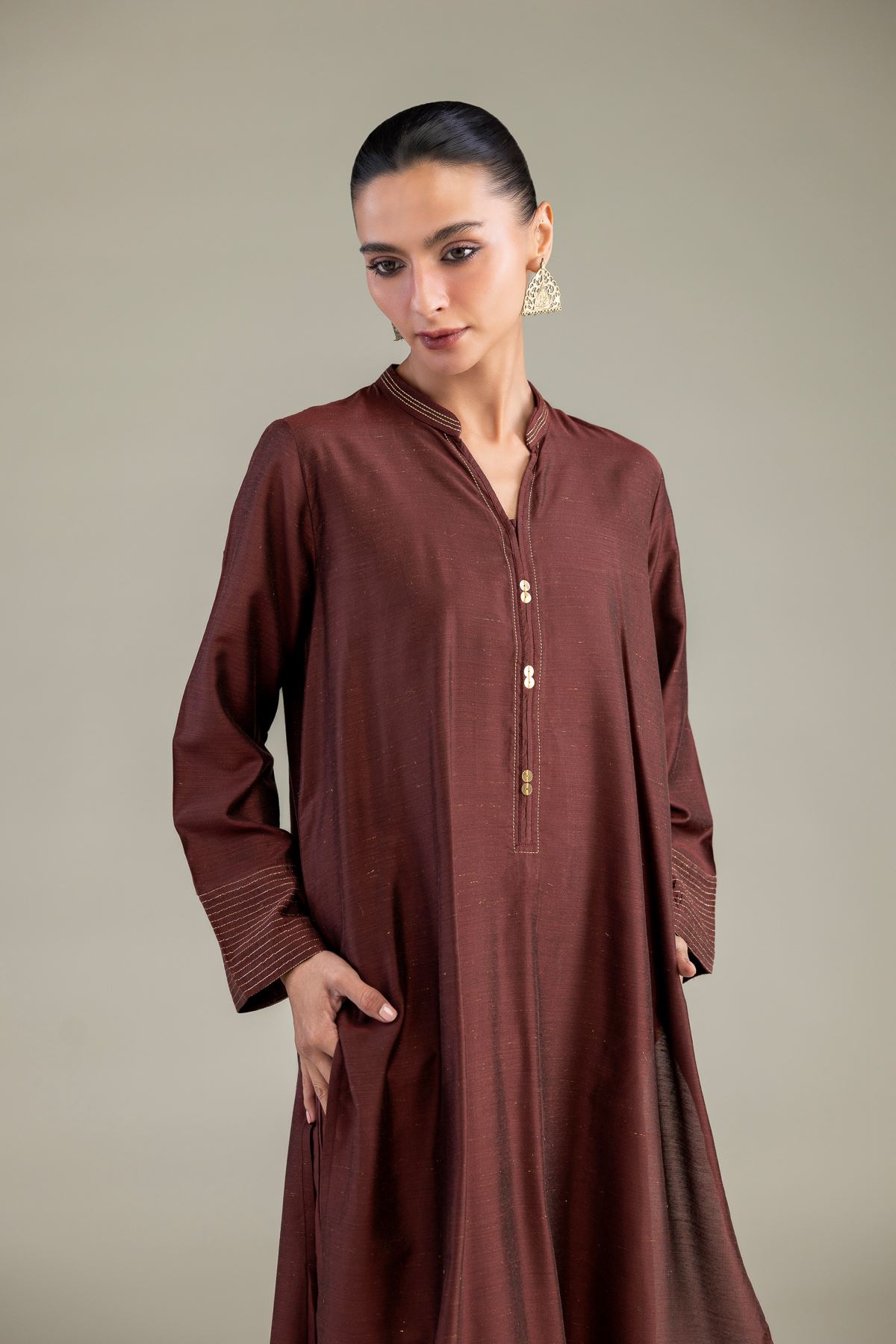 Dyed Mesuri Silk Brown V-Neck Kurta - 1-26-322-B-A1-VG