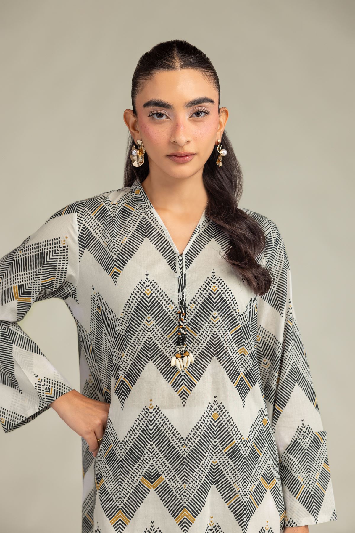 Printed Cambric Geometric Longline Kurta - 1-26-322-B-A1-VG