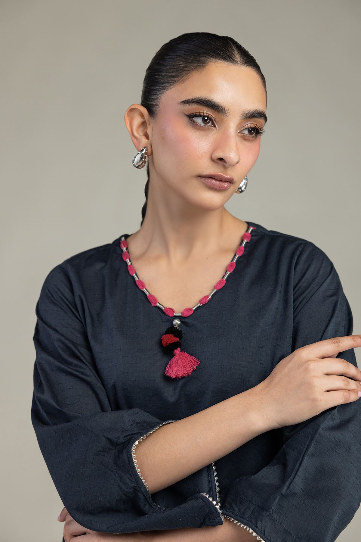 Embroidered Textured Cotton Viscose V-Neck Cotton Kurta - 1-26-236-A-J1-VG