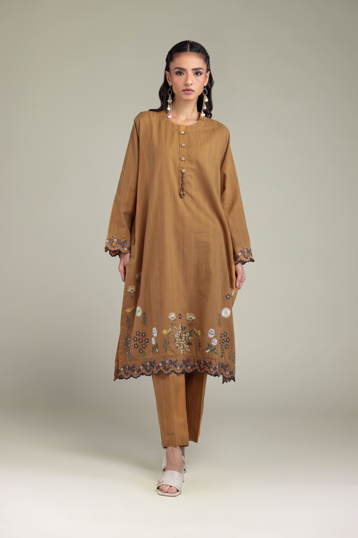 Embroidered Textured Cotton Cotton Longline Kurta - 1-26-206-A-F1-VG