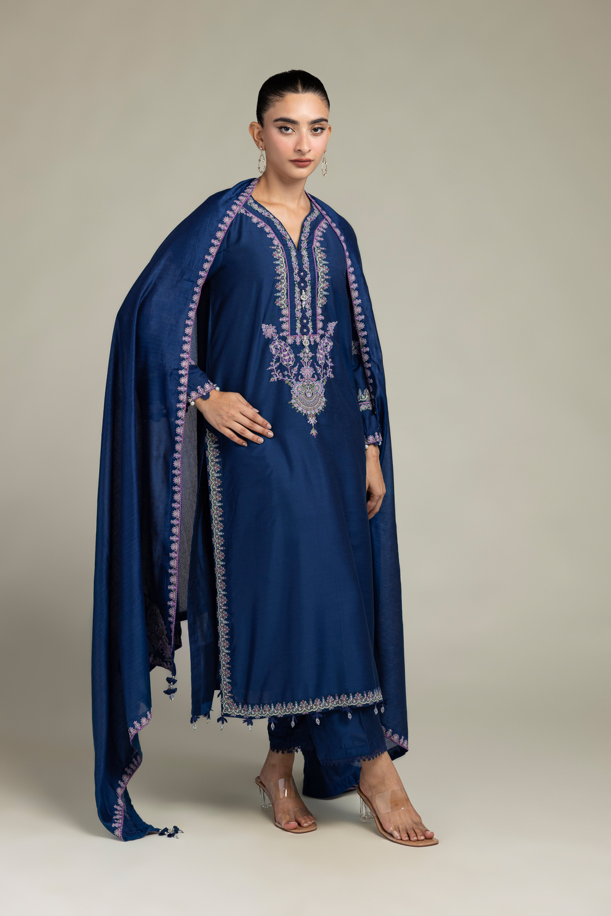 Embroidered Raw Silk Navy Longline Kurta - 1-26-249-A-J2-VG