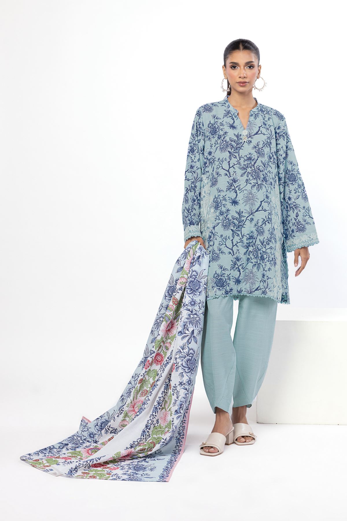 Embroidered Slub Cotton Fabrics 3 Piece - LKW76B-G-VG