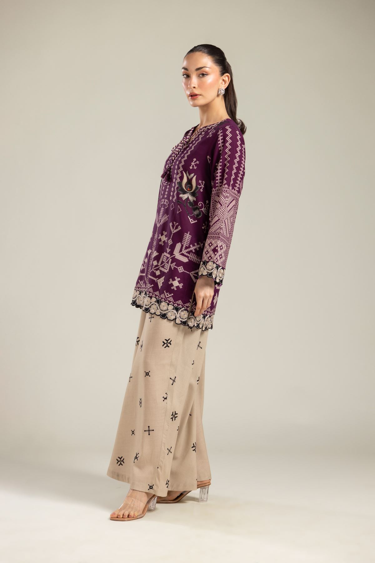 Embroidered Raw Silk Beige Silk Pants - 1-26-108-A-F-VG
