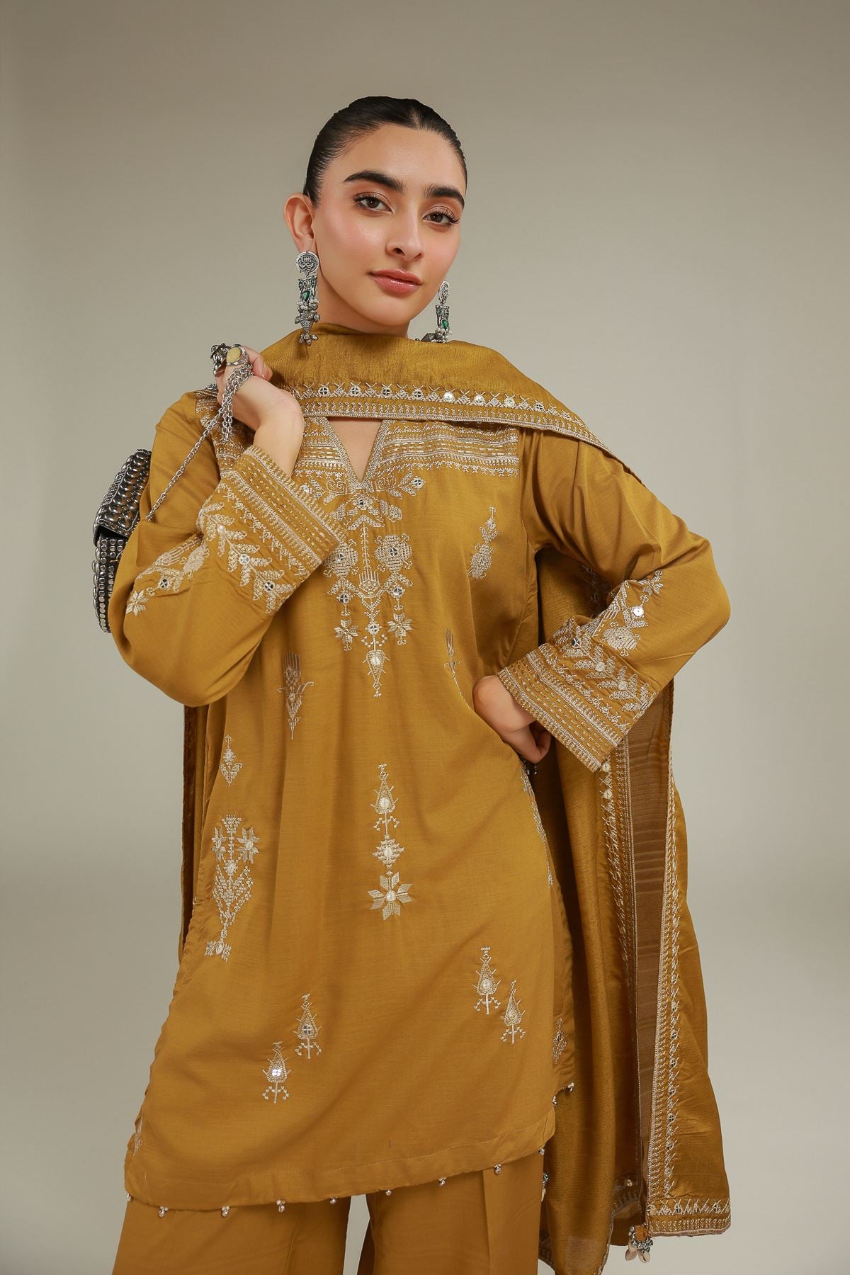 Embroidered Raw Silk Geometric V-Neck Kurta - T-A22-26-106FC-VG