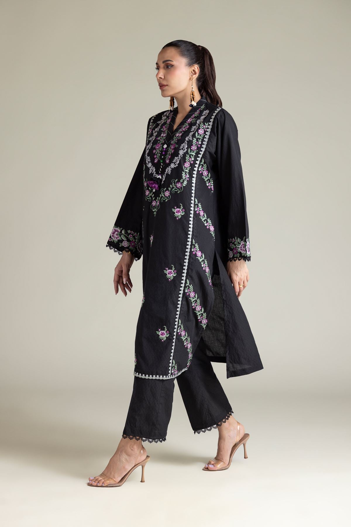 Embroidered Cotton Dobby Black Tailored 2-Piece - 1-26-102-A-F-VG