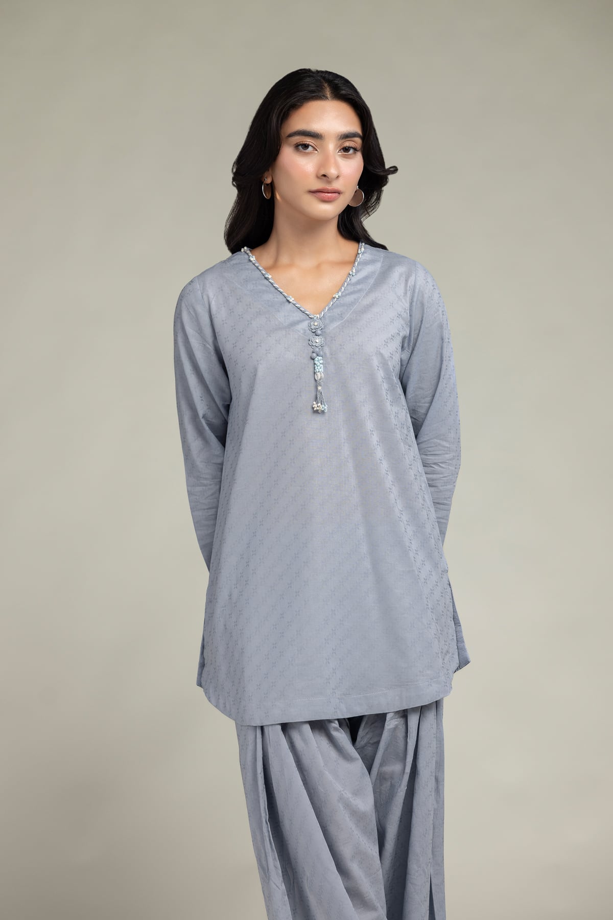 Dyed Cotton Dobby V-Neck Cotton Kurta - 1-26-244-A-D1-VG