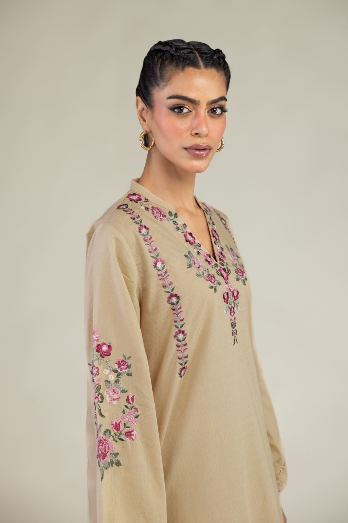 Embroidered Cotton Dobby Floral Longline Kurta - 25-10-12E5-04TB-VG