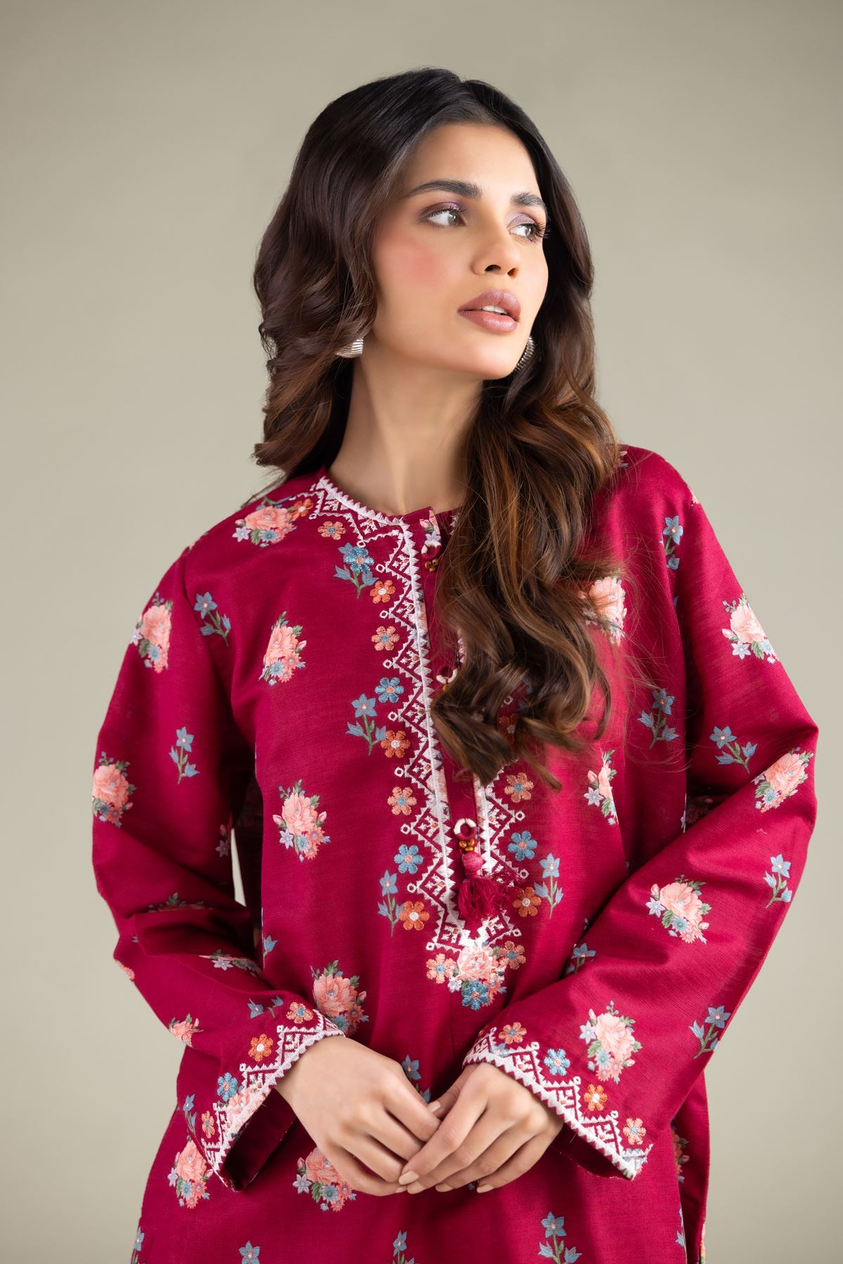 Embroidered Textured Cotton Floral Threadwork Kurta - 25-00-X2-08TB-VG