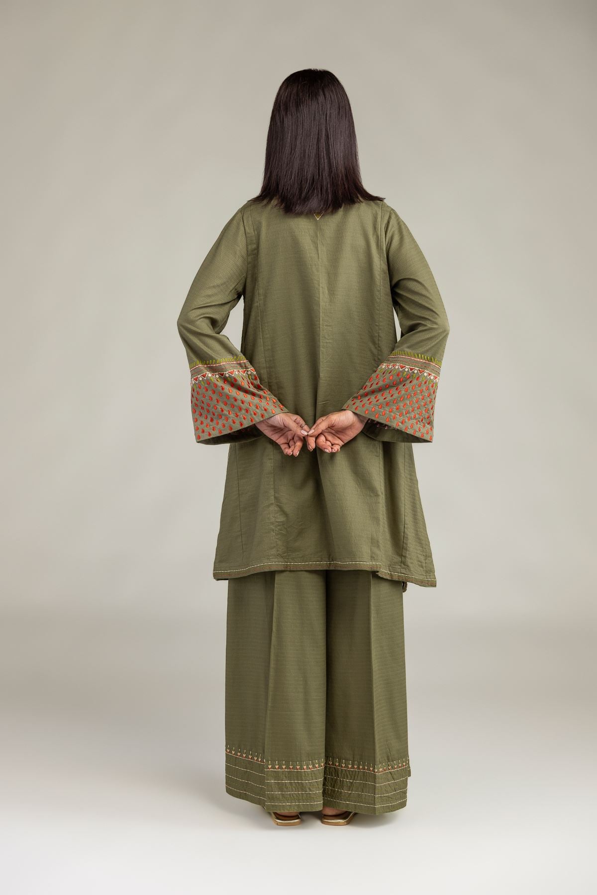 Embroidered Cotton Dobby Olive V-Neck Kurta - T-A33-26-207FD1-VG