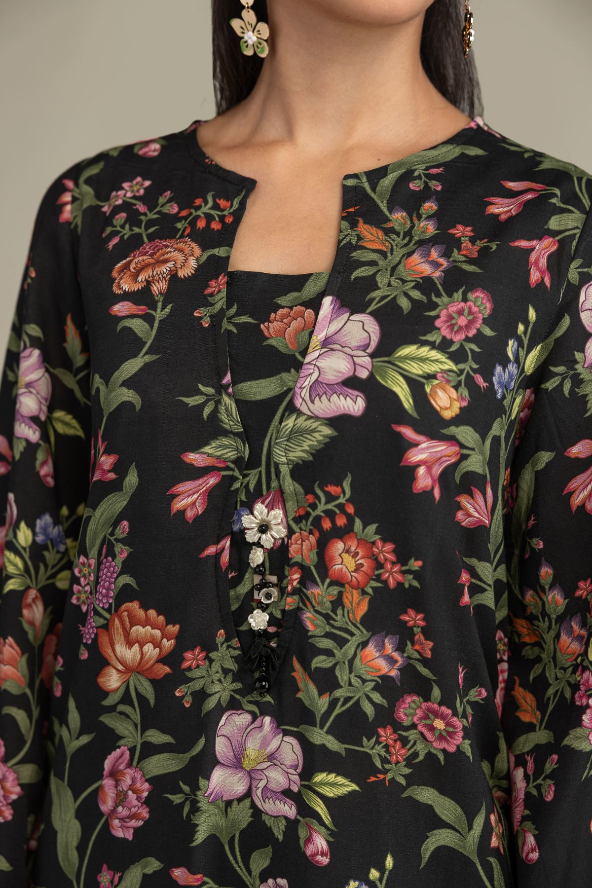 Printed Raw Silk Black Floral Kurta - 8-26-303-A-C1-VG