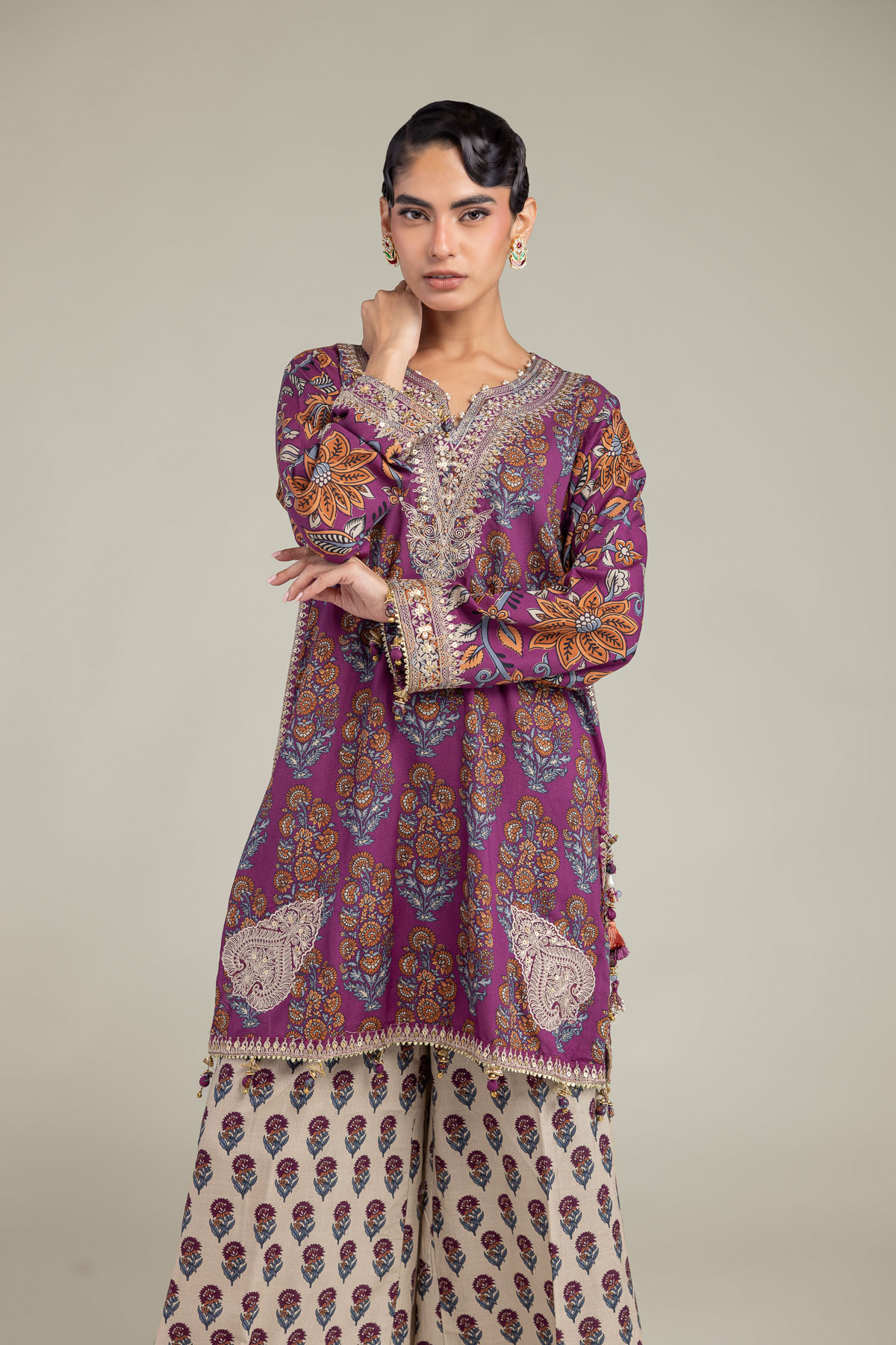 Embroidered Raw Silk Floral Short Kurta - 1-26-102-A-F-VG