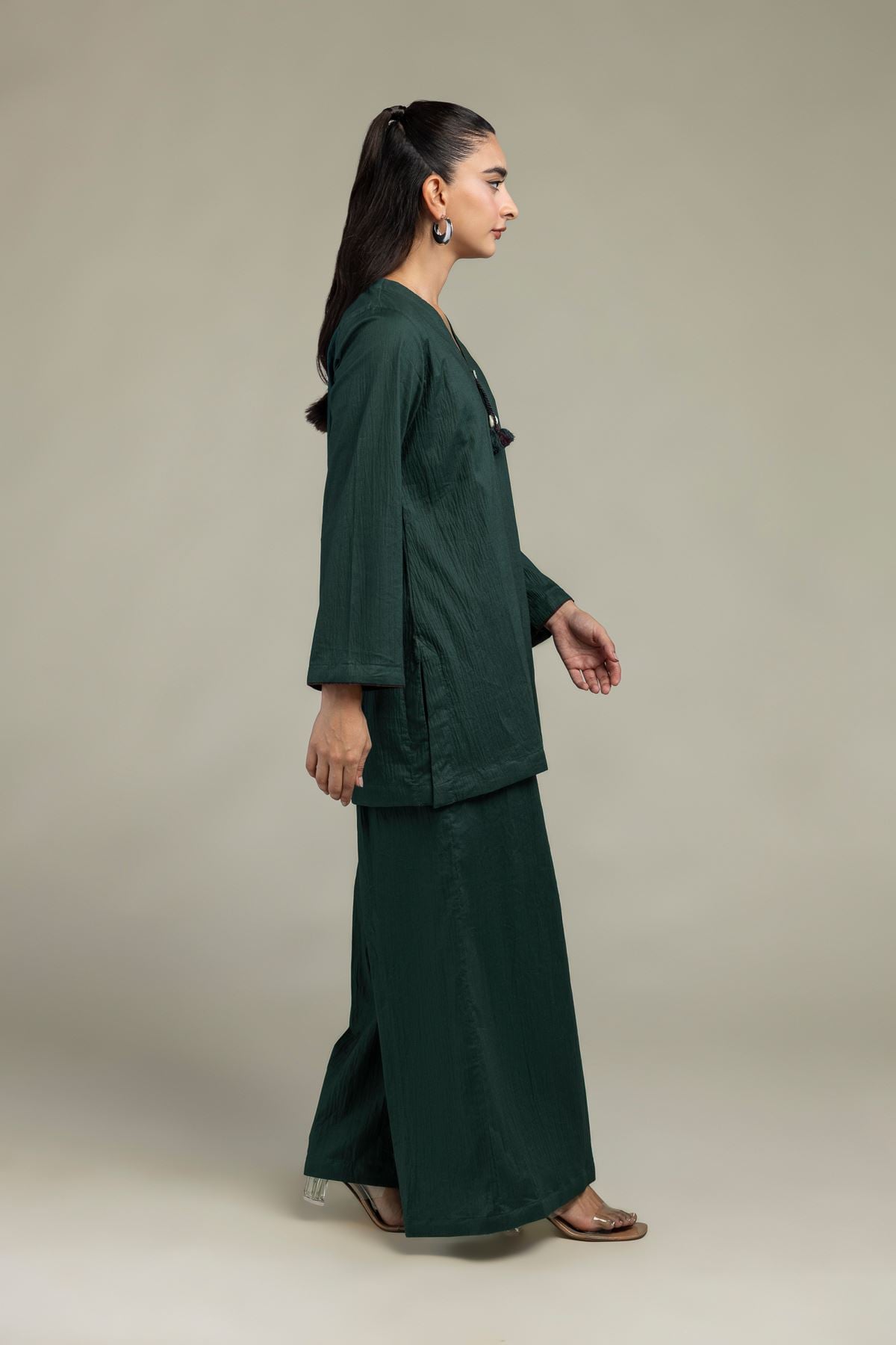 Dyed Cotton Crinkle Green Solid Pants - 1-26-102-A-F-VG