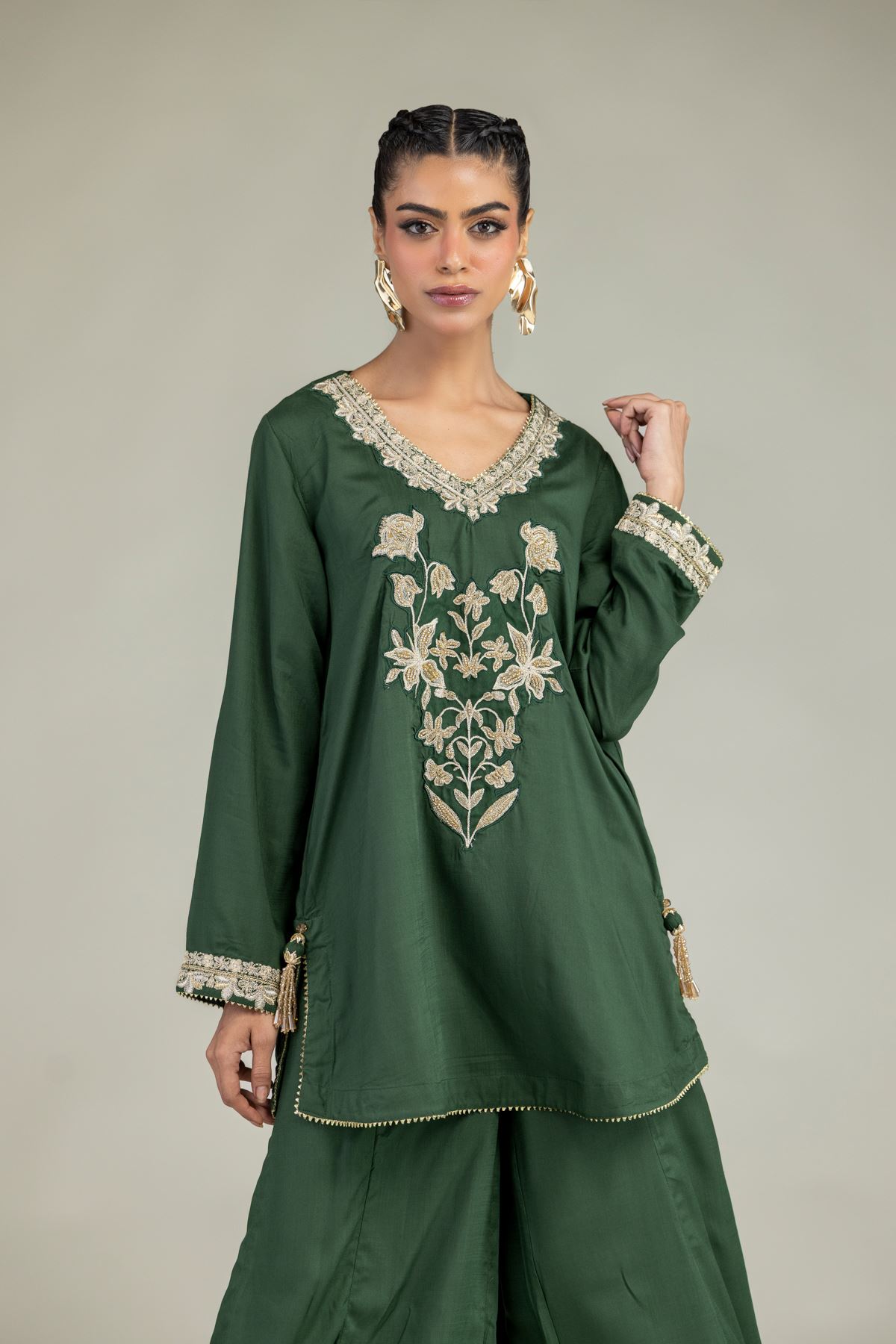 Embroidered Raw Silk Floral Green Kurta - 2-26-203-A-B1-VG