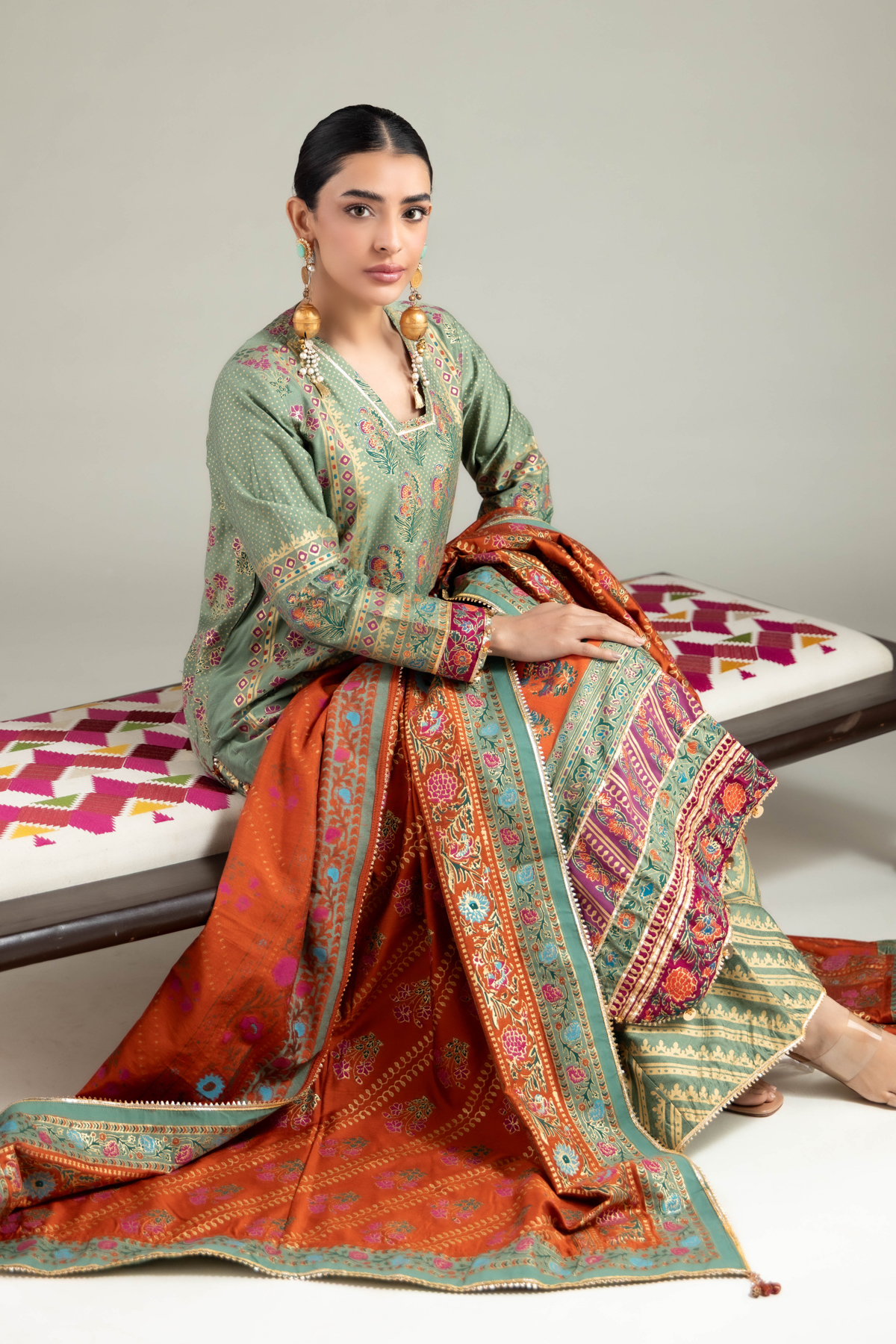 Printed Raw Silk 3 Piece Co-ord Set - 25-09-10E2-07TB-VG
