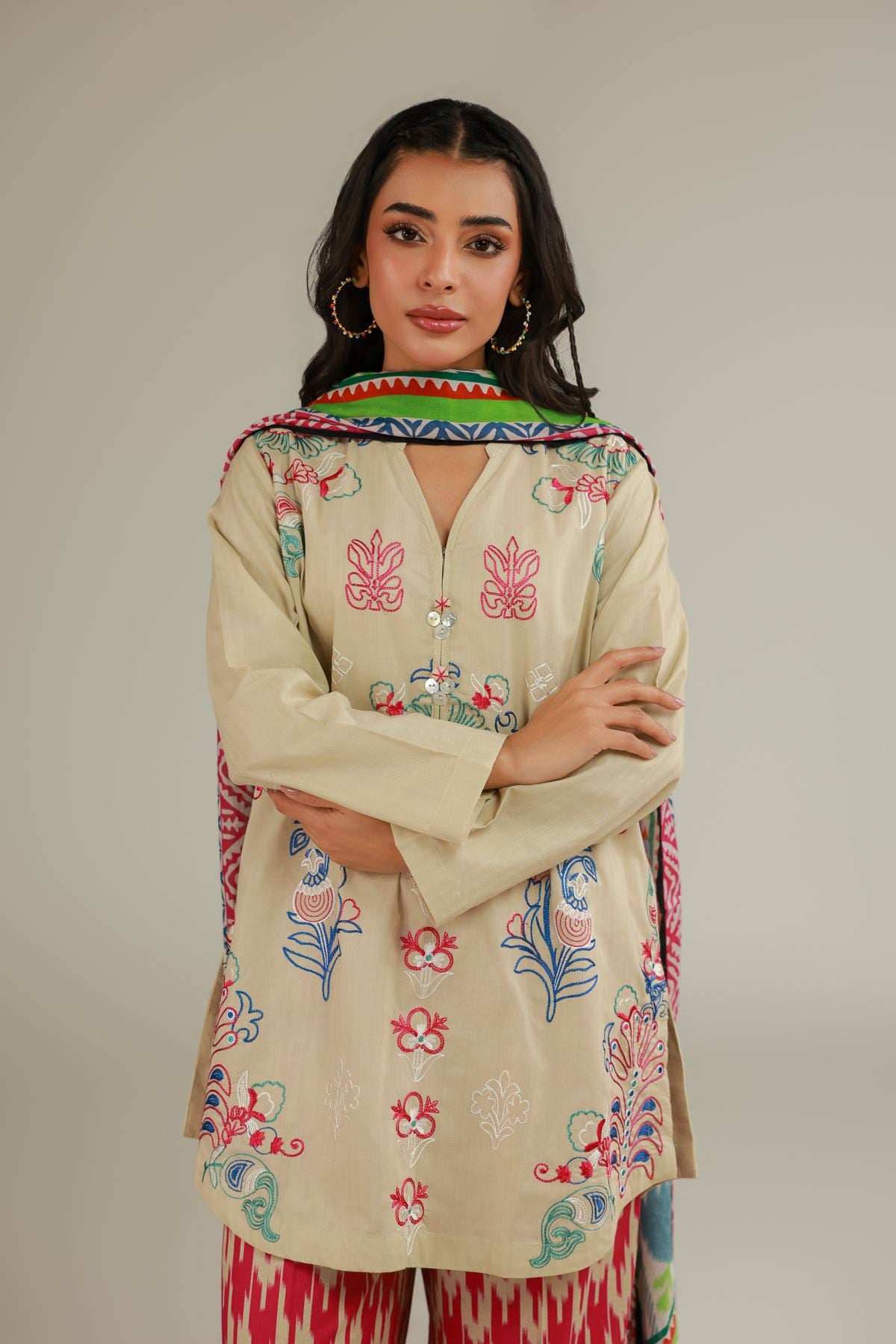 Embroidered Cotton Dobby Floral Beige Kurta - 1-26-114-A-F-VG