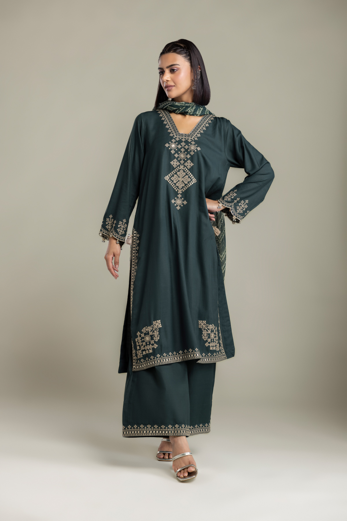 Embroidered Raw Silk 3-Piece Tailored Set - 1-26-408-A-B1-VG
