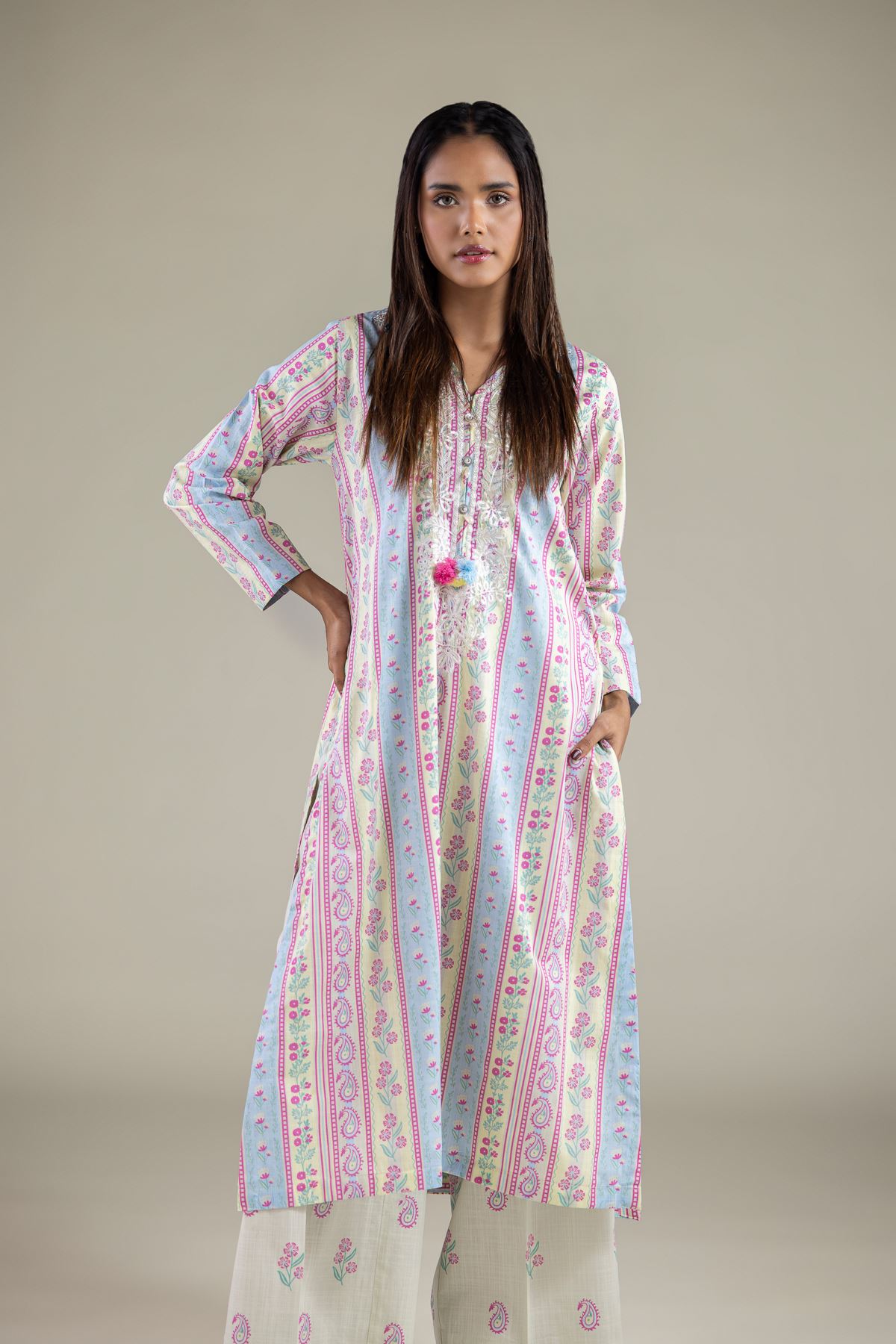 Embroidered Textured Cotton Kurta - 1-26-114-A-B-VG