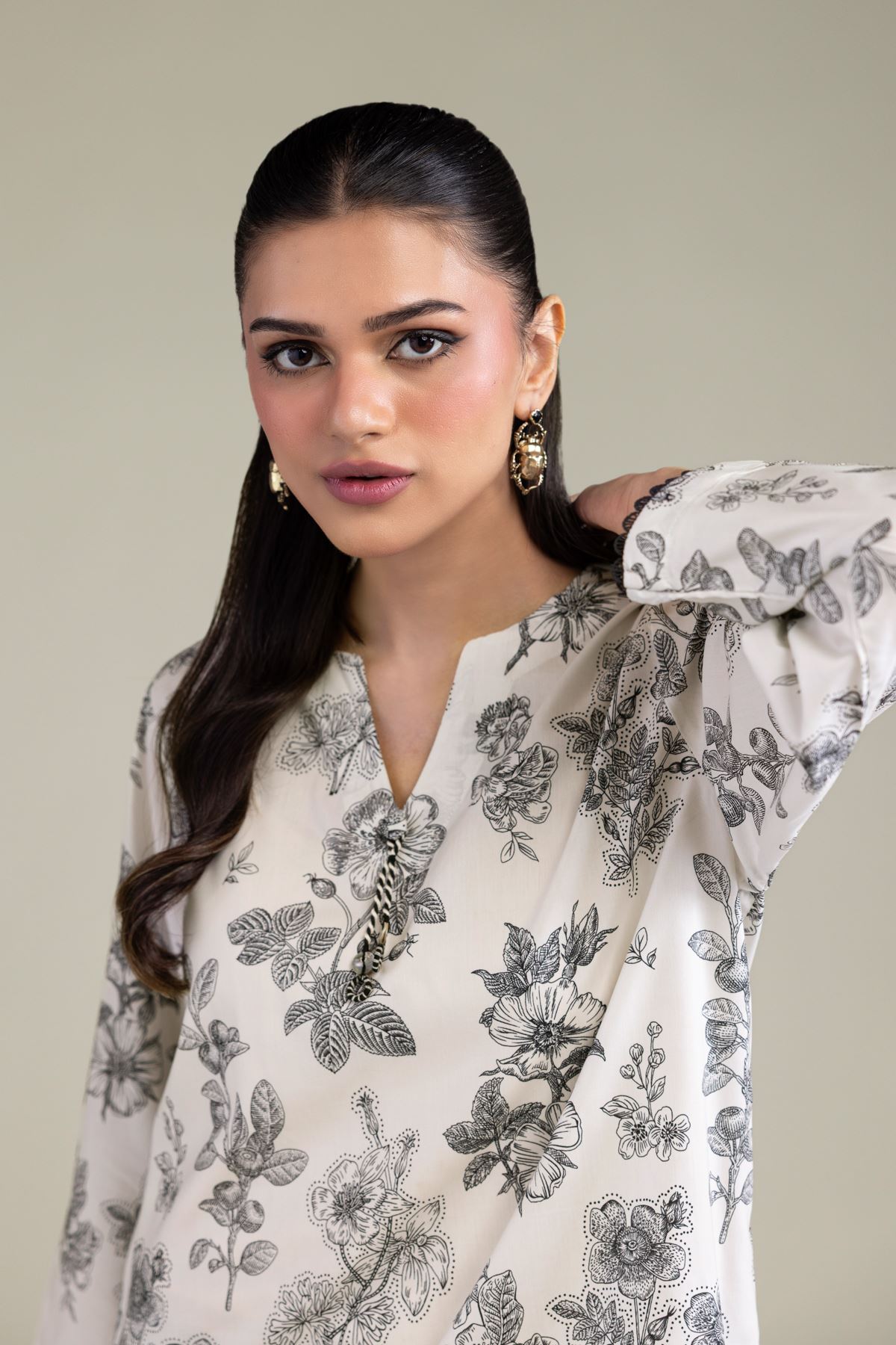 Printed Cotton Viscose Floral V-Neck Kurta - T-A11-26-114FD1-VG