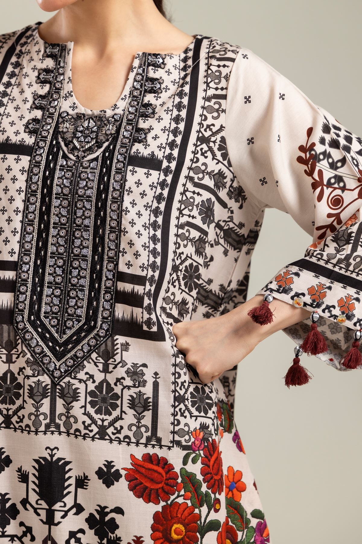 Embroidered Raw Silk Short Floral Kurta - T-A22-26-123FA1-VG