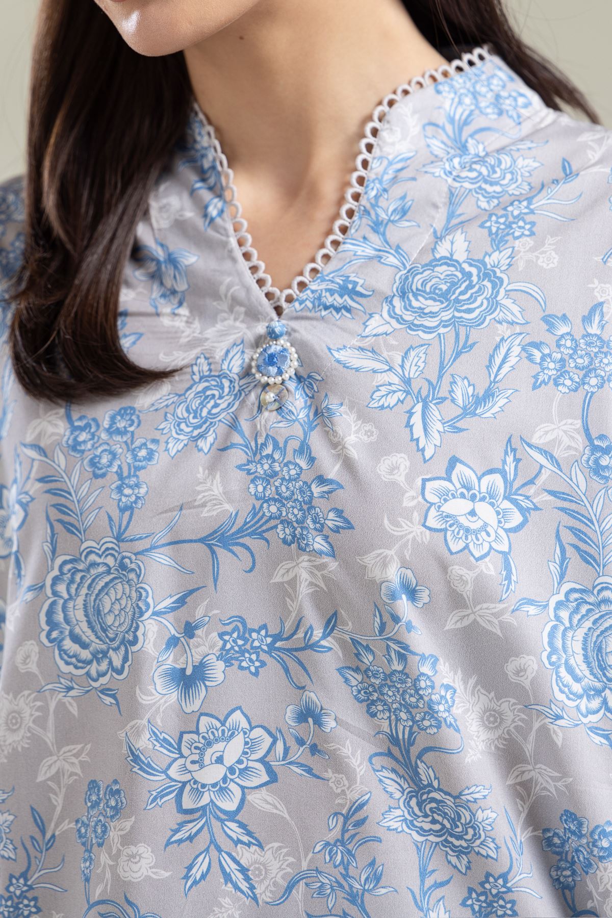 Printed Cotton Viscose Gray Floral Kurta - 1-26-204-A-A1-VG