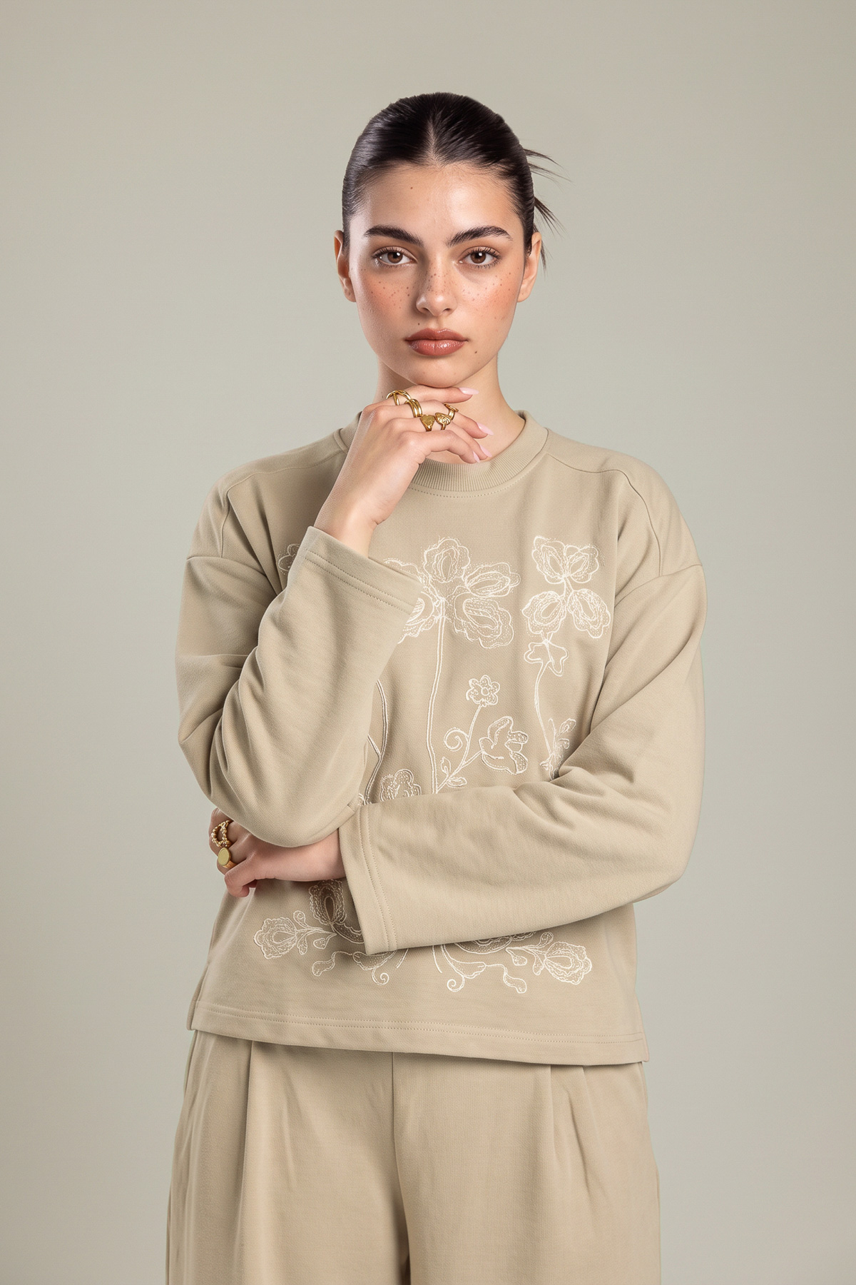 Embroidered Double Jersey Beige Jersey Sweatshirt - 2-26-202-A-D-VG