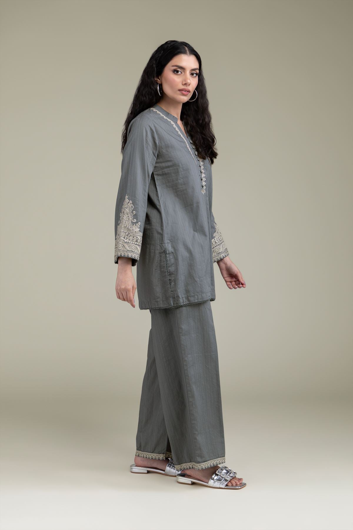 Embroidered Cotton Dobby Solid Cotton Pants - 25-10-12E1-06TA-VG