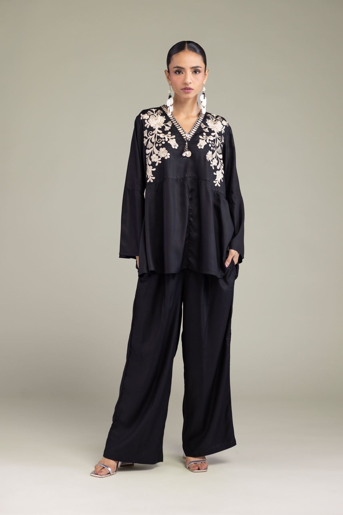 Embroidered Viscose Crepe Viscose Black Trousers - 6-26-202-A-G1-VG