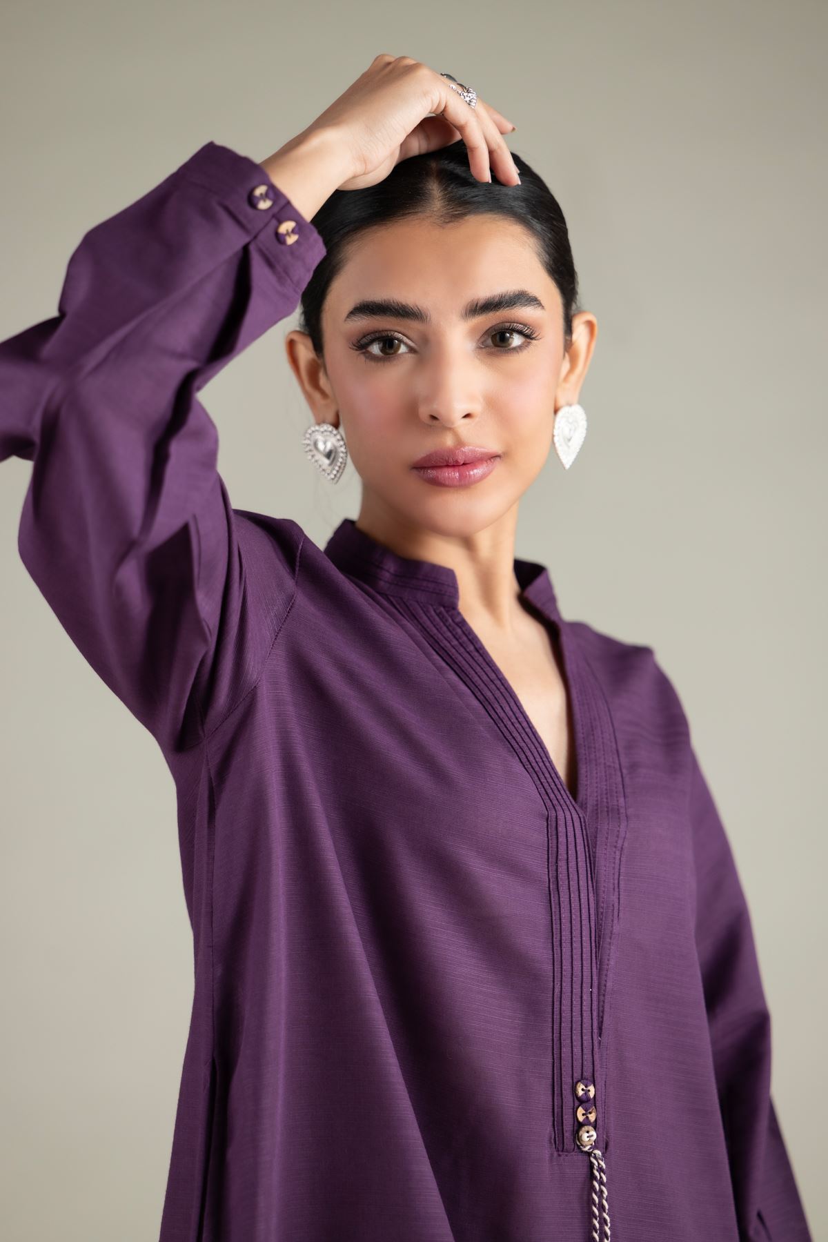Dyed Textured Cotton Long V-Neck Kurta - 1-26-129-A-E-VG