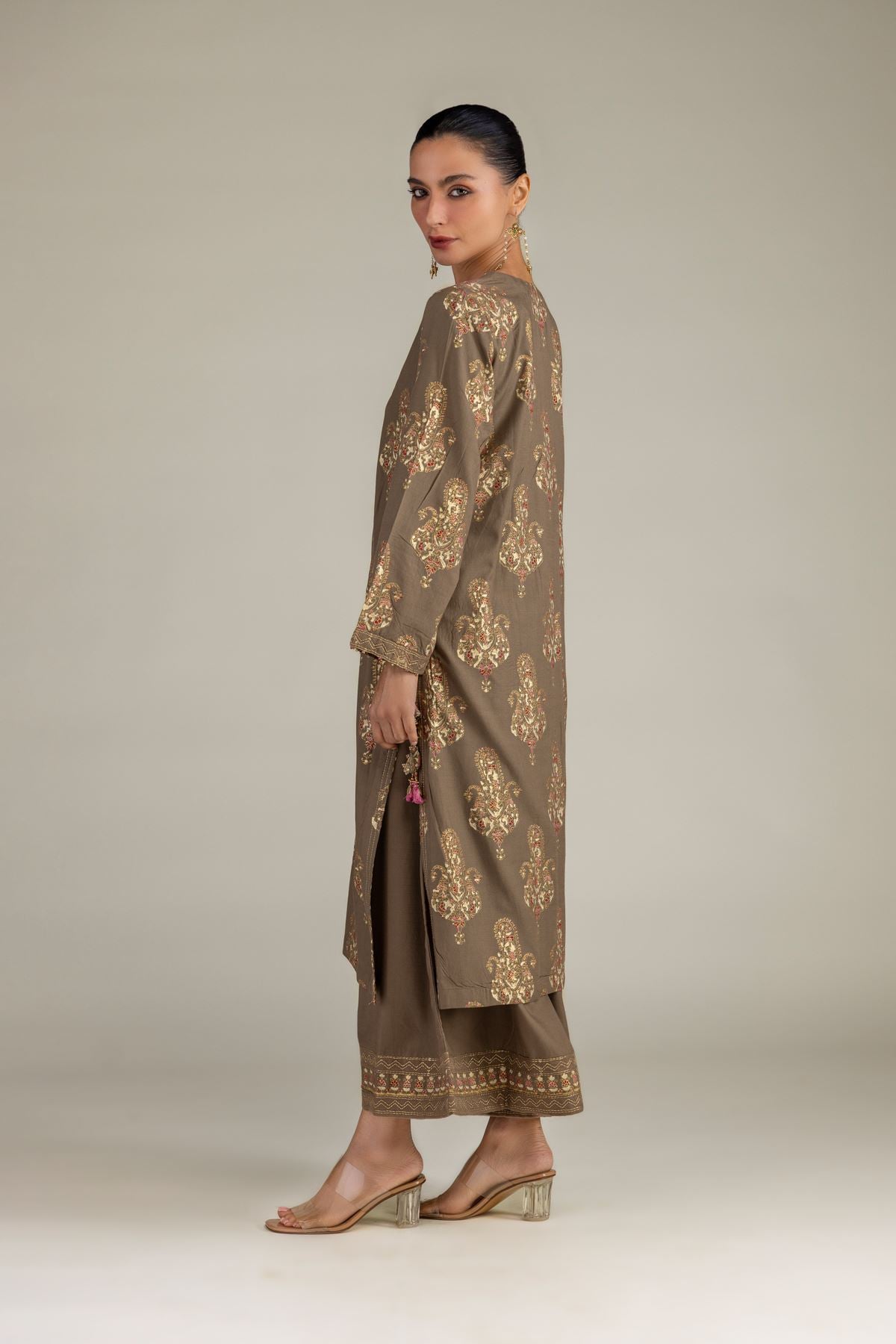 Printed Raw Silk Brown Silk Pants - 1-26-229-C-H1-VG