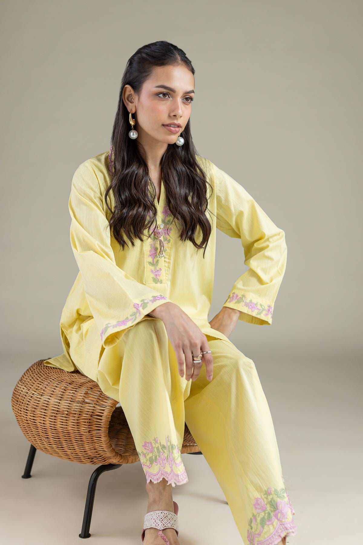 Embroidered Textured Cambric Floral V-Neck Kurta - 1-26-143-A-H-VG