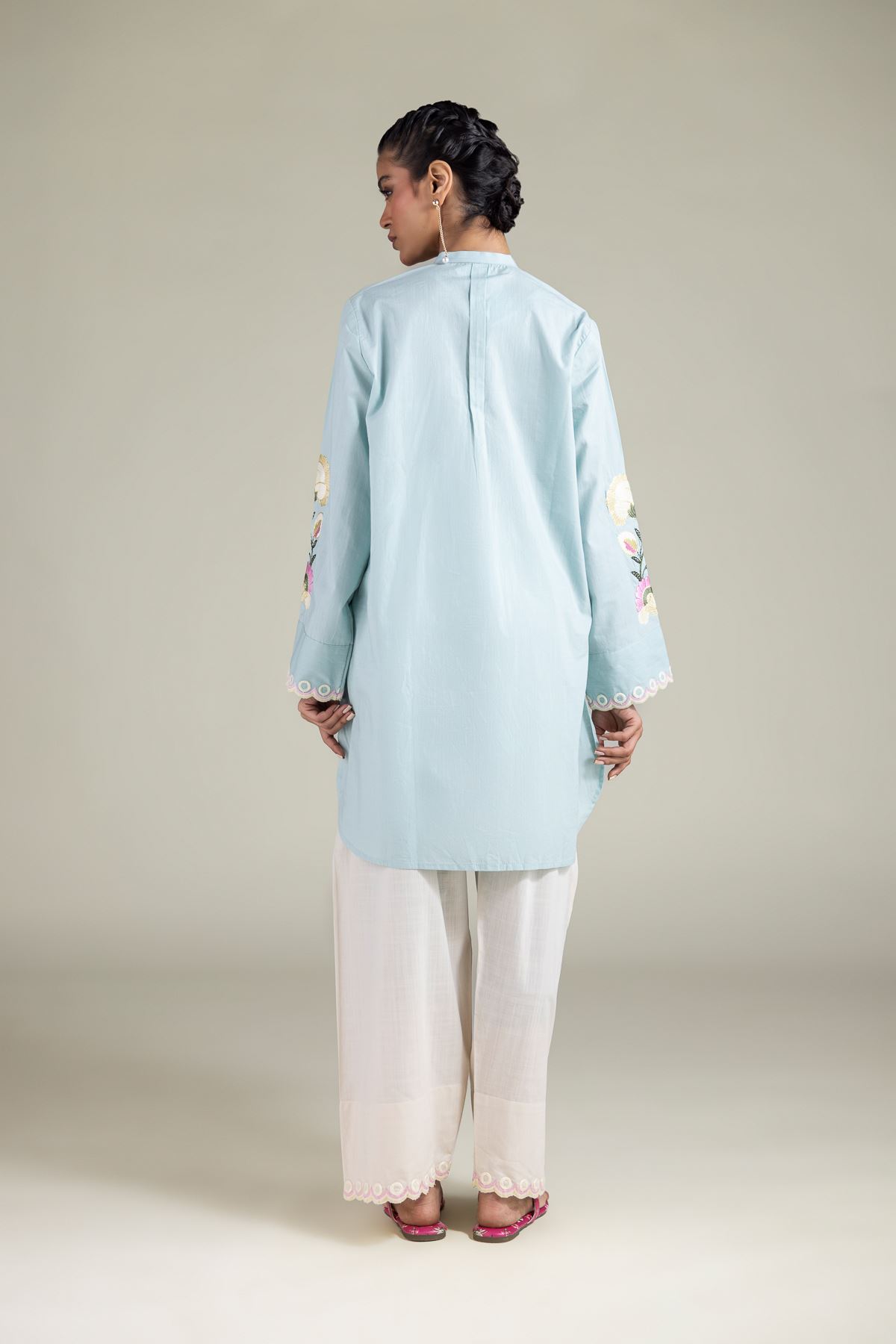 Embroidered Textured Cotton Floral Band Collar Kurta - 1-26-103-A-A-VG