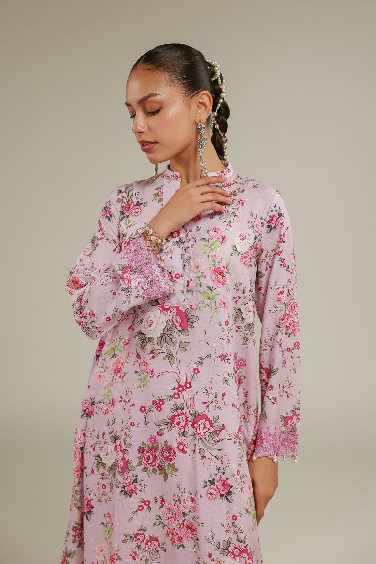 Embroidered Raw Silk Floral Longline Kurta - 2-26-101-A-B-VG