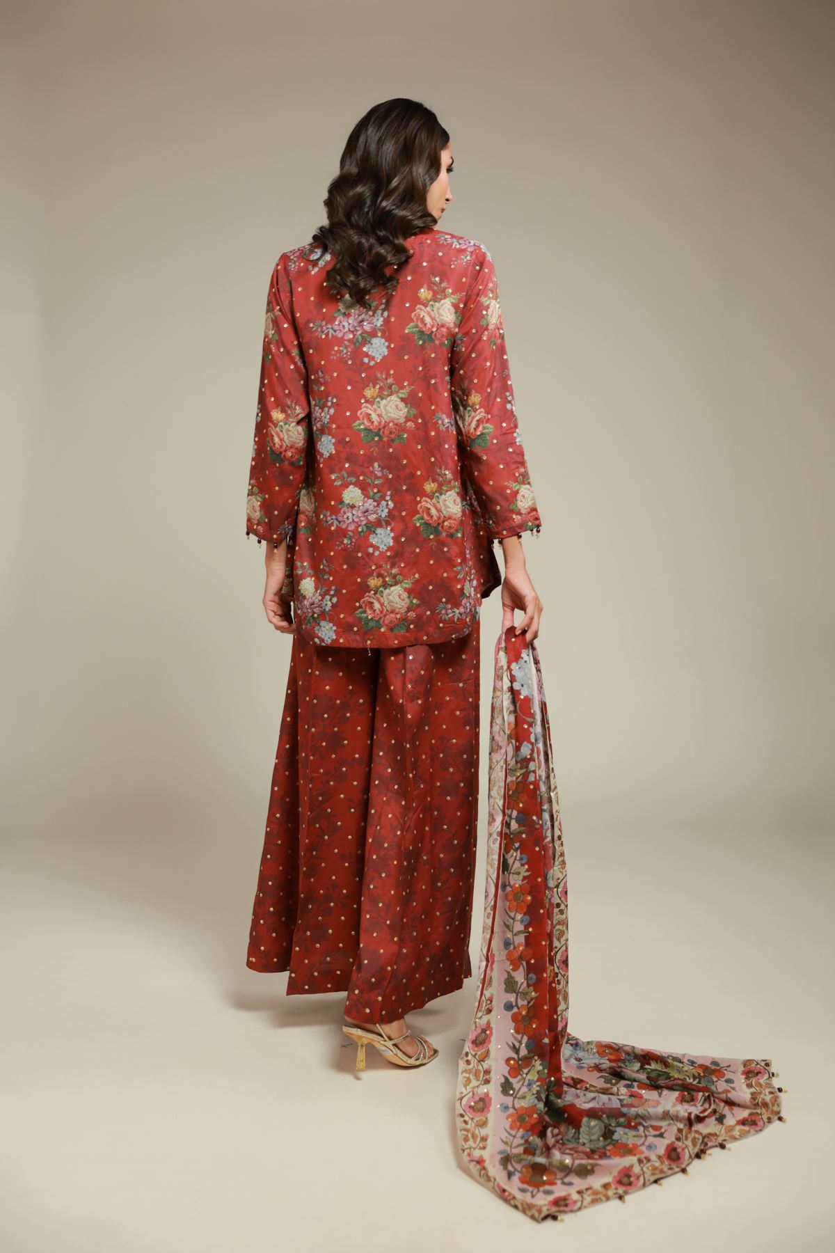 Embroidered Raw Silk 3 Piece Co-ord Set - 25-12-12S4-02TA-VG