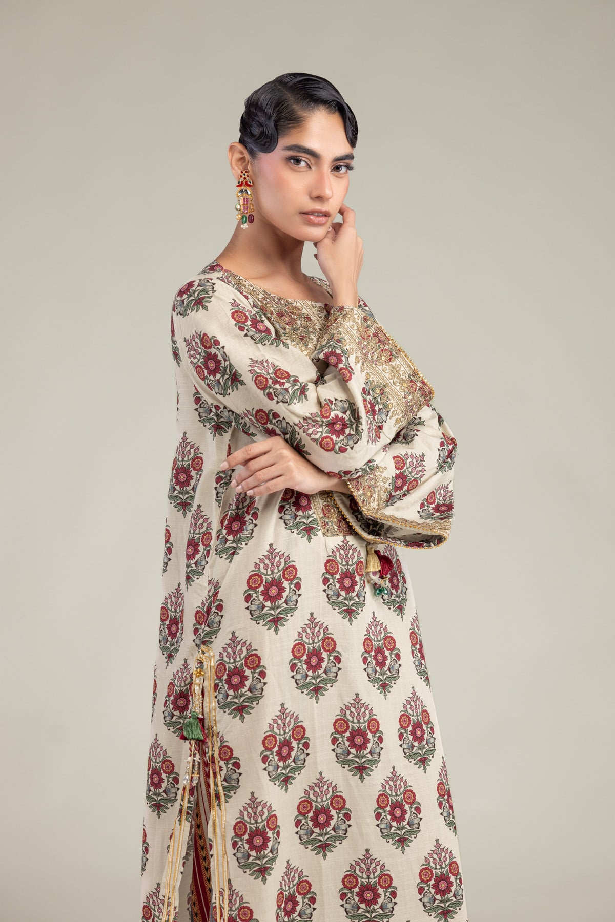 Embroidered Raw Silk Long Floral Kurta - B1-2-26-106-A-C-VG