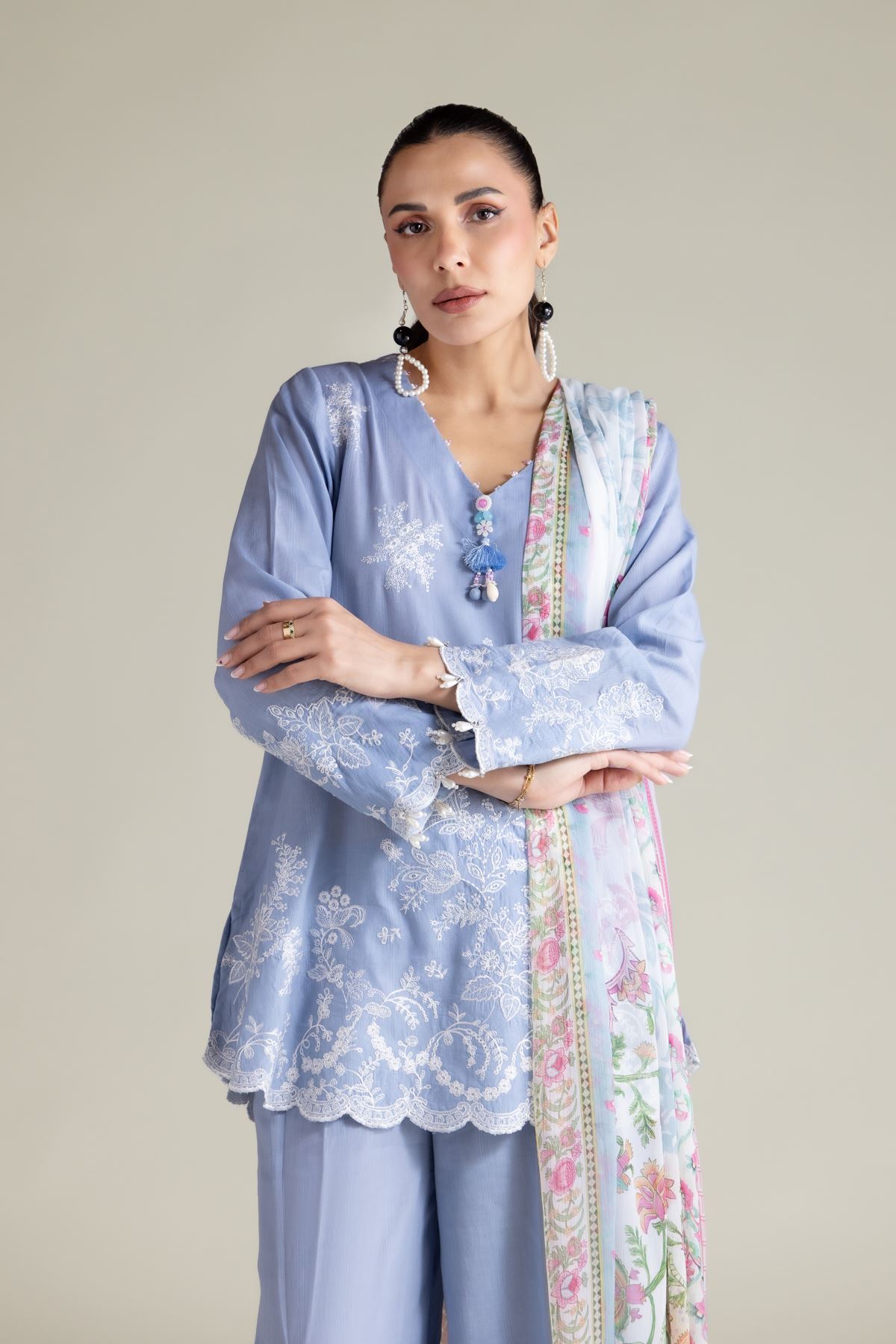Embroidered Textured Cotton Tailored 3 Piece - T-A22-26-207FE2-VG