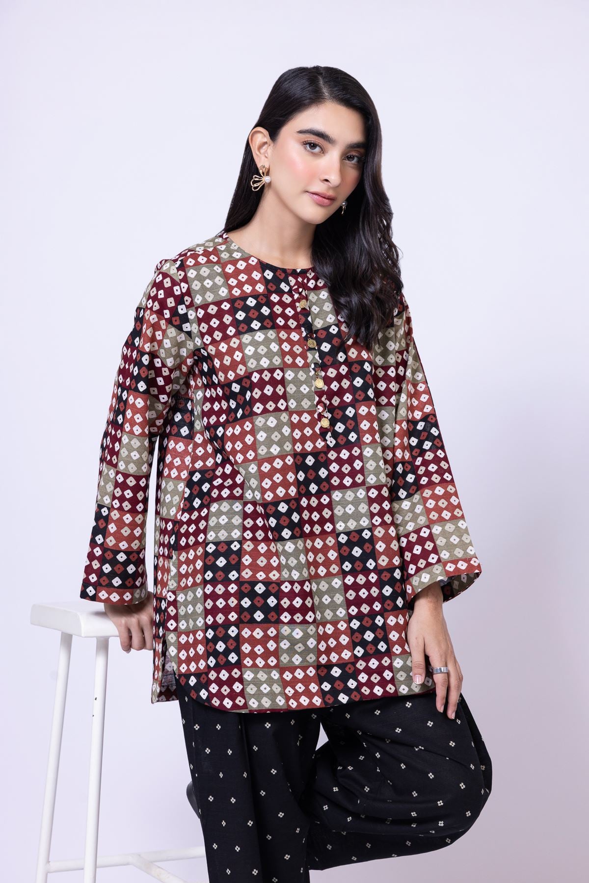 Printed Khaddar Short Geometric Kurta - 25-09-12E2-01TA-VG