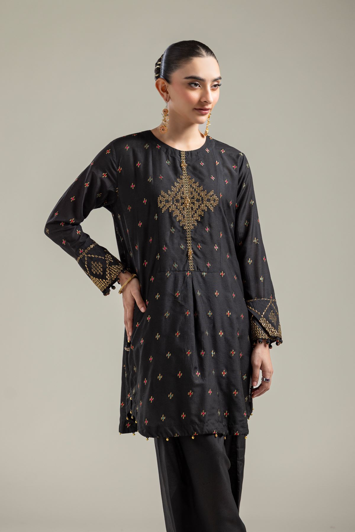 Raw Silk Short Black Kurta - 2-26-107-A-F-VG