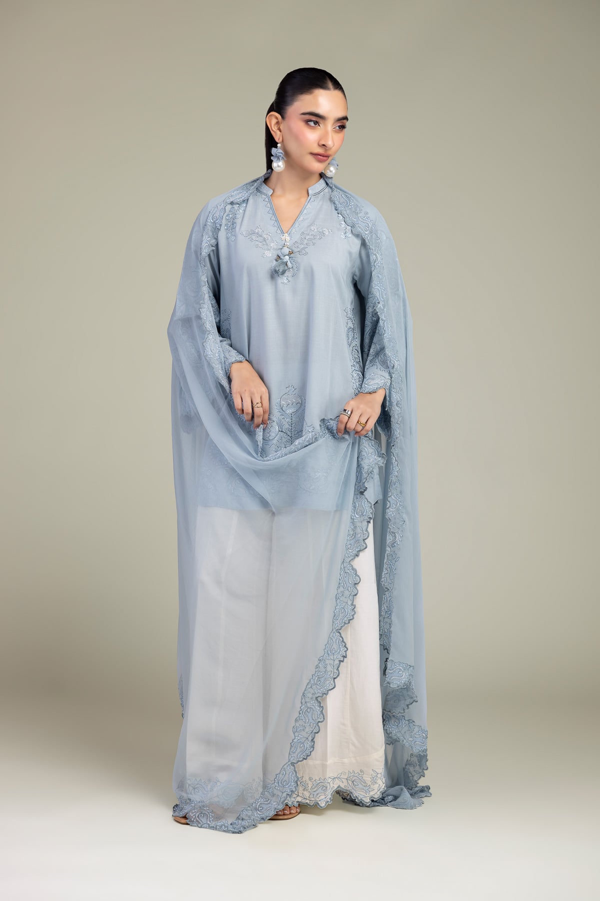 Embroidered Chiffon Blue Chiffon Dupatta - 1-26-309-B-D1-VG