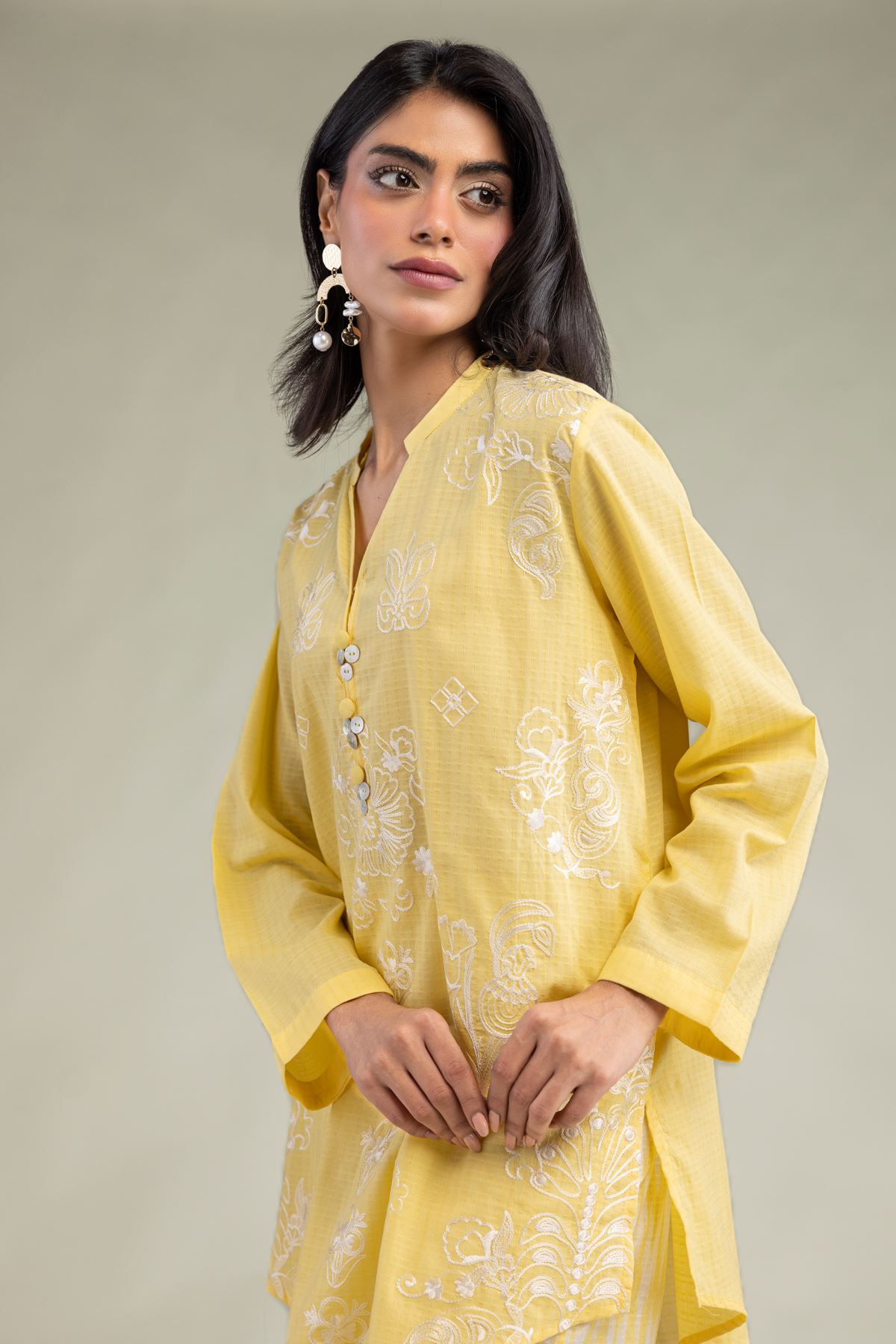 Embroidered Cotton Dobby Yellow Floral Kurta - 8-26-303-A-C1-VG
