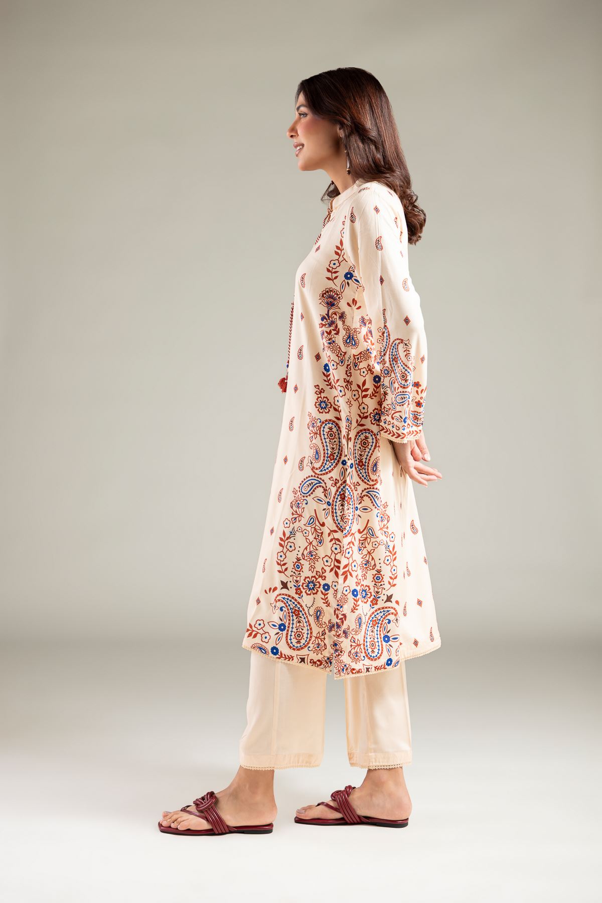 Printed Viscose Long Paisley Kurta - 1-26-105-A-A-VG