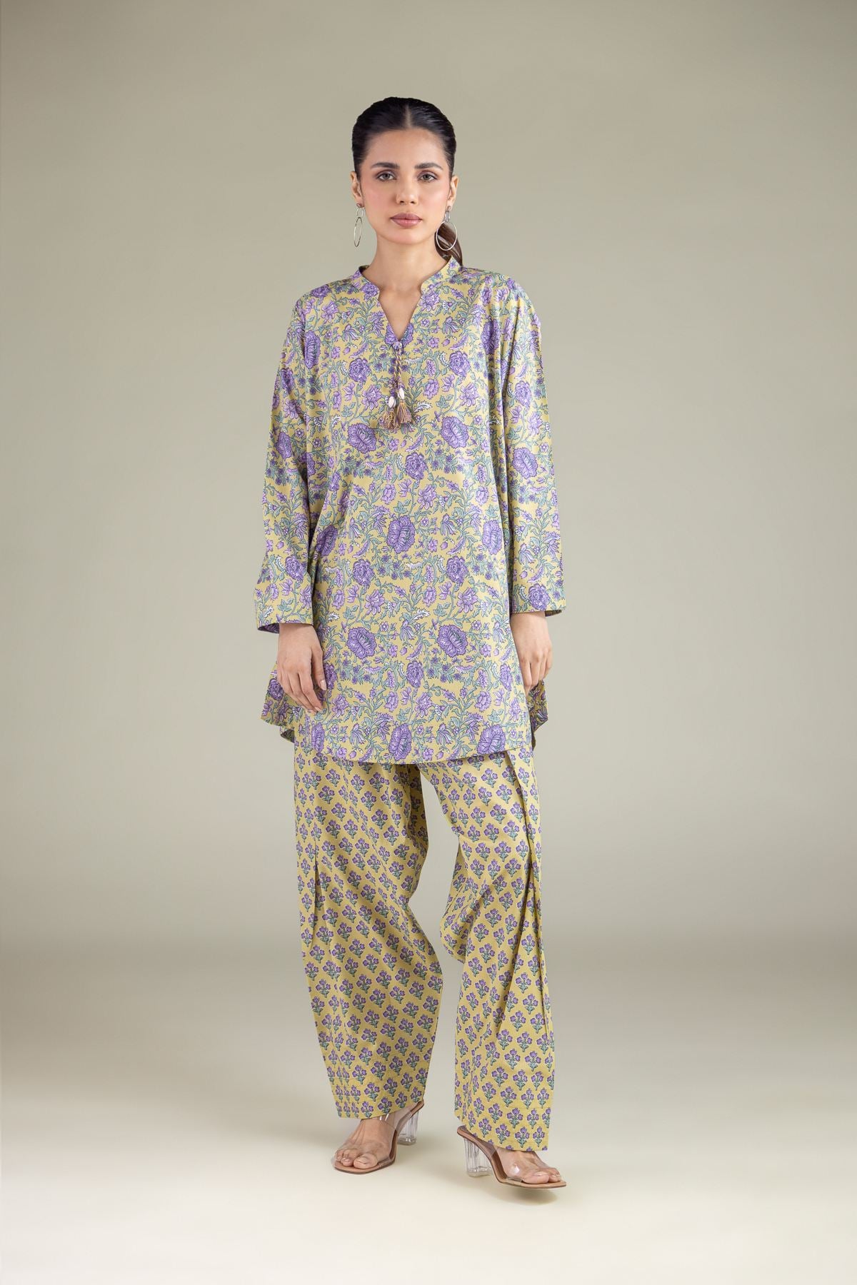 Printed Cambric Floral Band-Collar Kurta - 1-26-144-B-A-VG