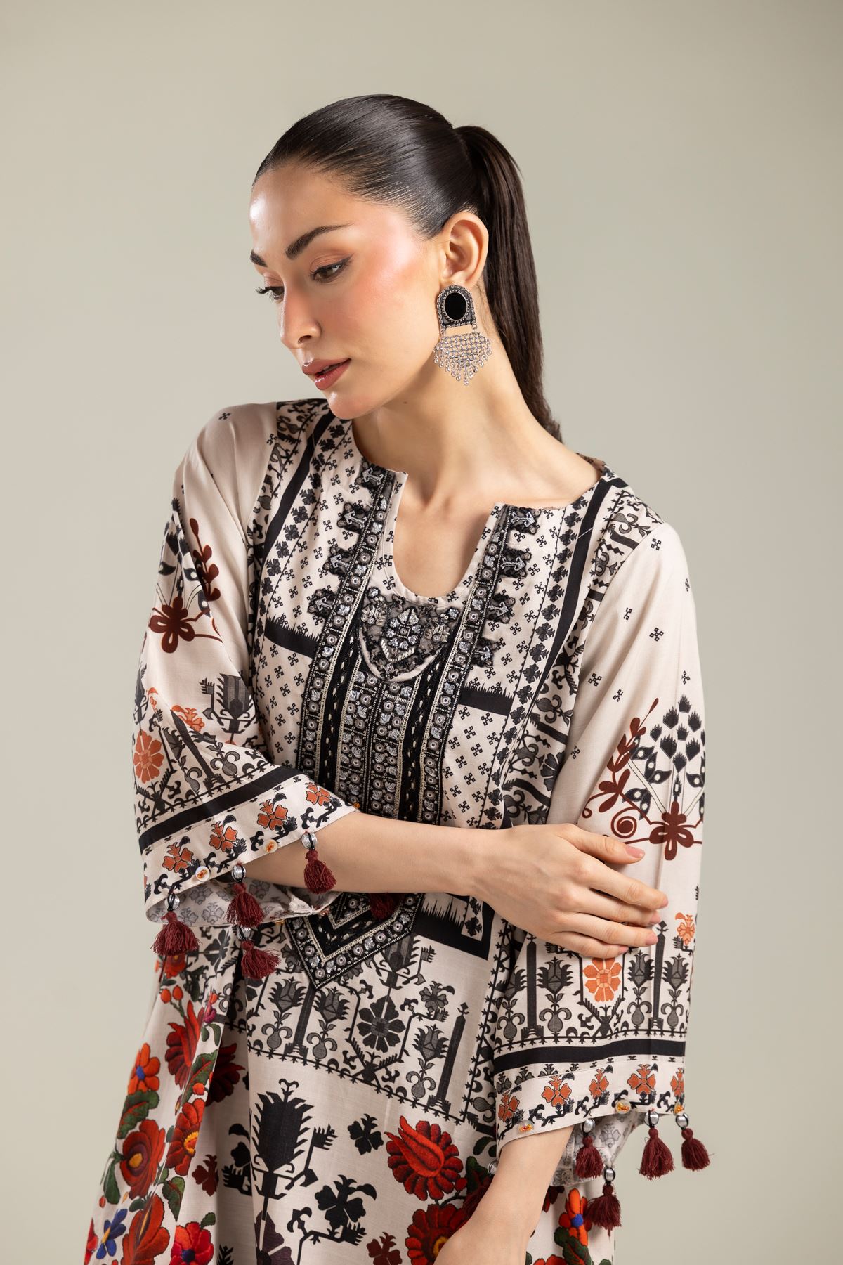 Embroidered Raw Silk Short Floral Kurta - T-A22-26-123FA1-VG