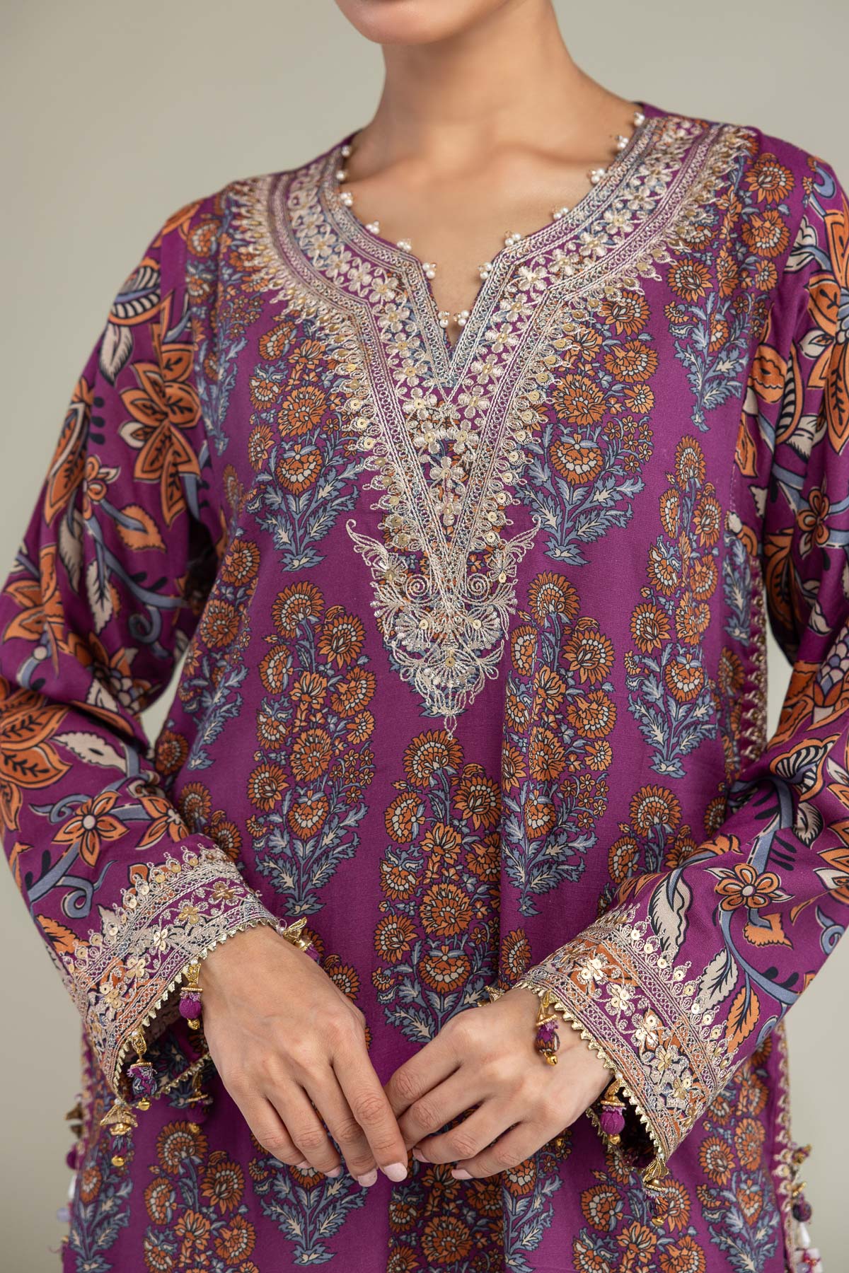 Embroidered Raw Silk Floral Short Kurta - 1-26-102-A-F-VG