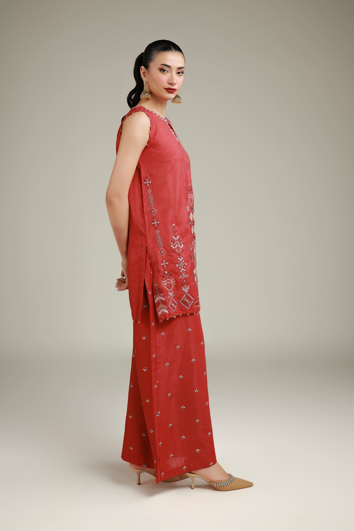 Embroidered Raw Silk Printed Rust Kurta - 1-26-137-A-B-VG